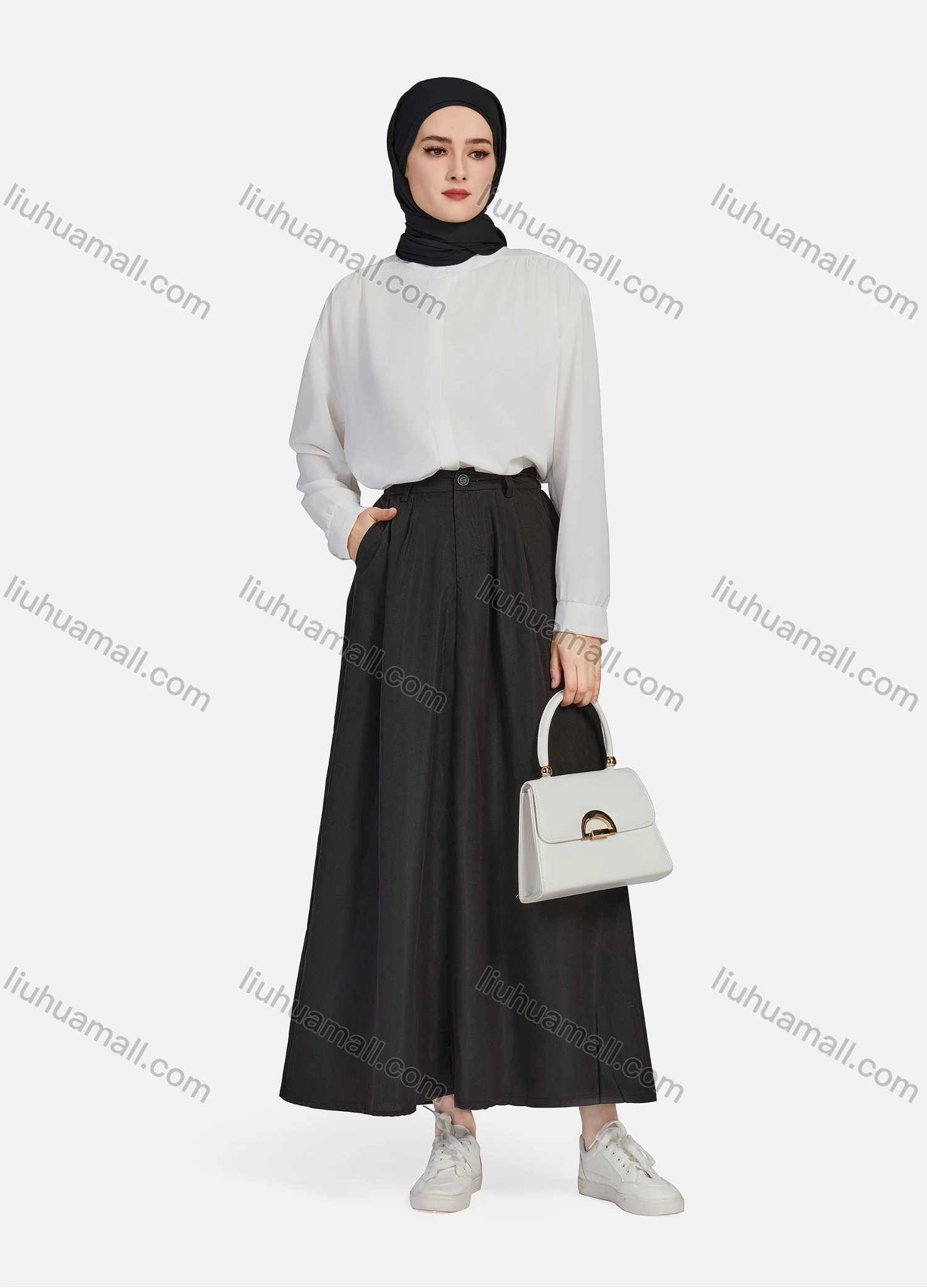 Wholesale Women's Casual Ruched Elastic Waist Plain Patch Pocket Maxi Skirt 1434# - Liuhuamall