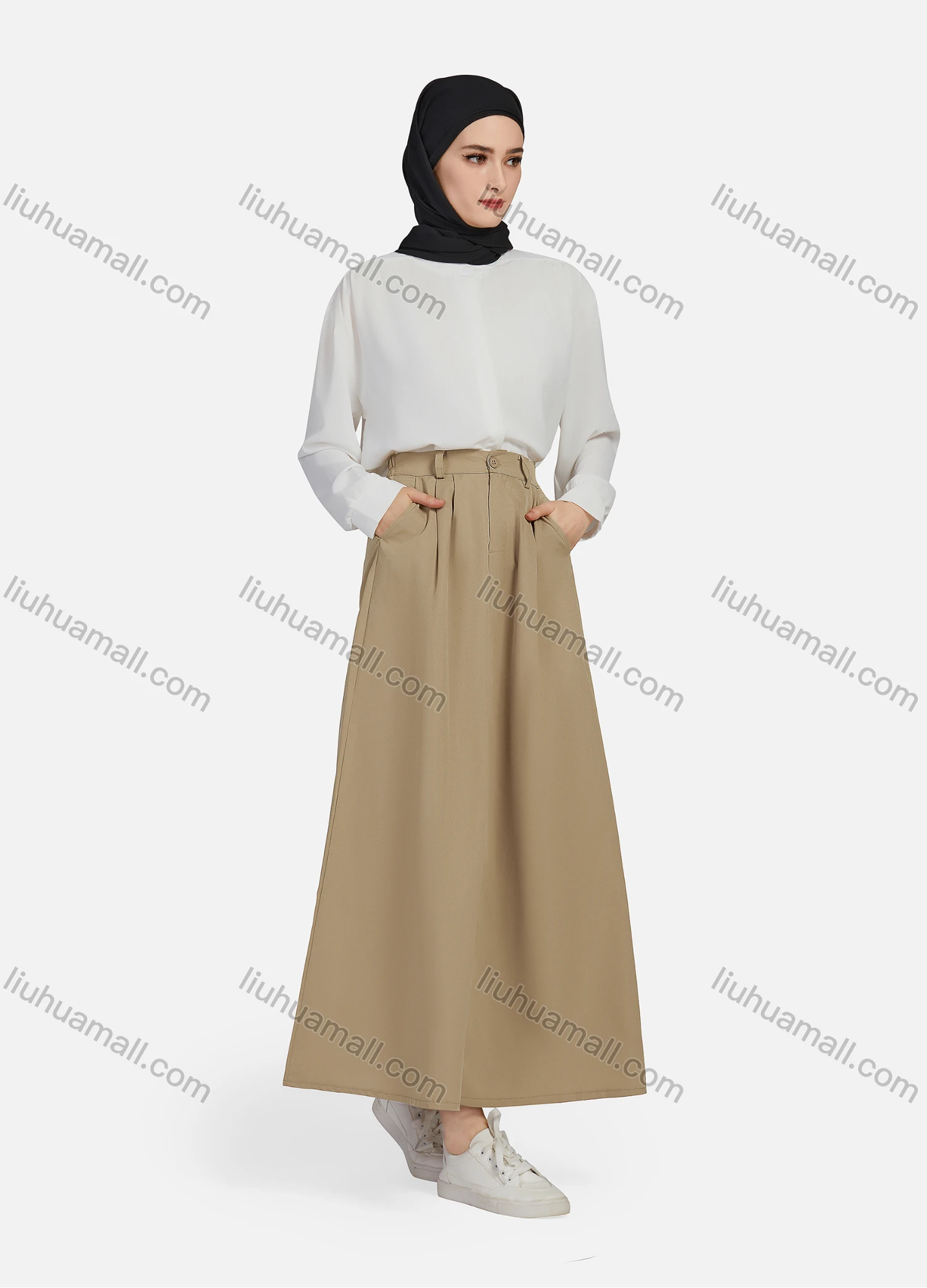 Wholesale Women's Casual Ruched Elastic Waist Plain Patch Pocket Maxi Skirt 1434# - Liuhuamall