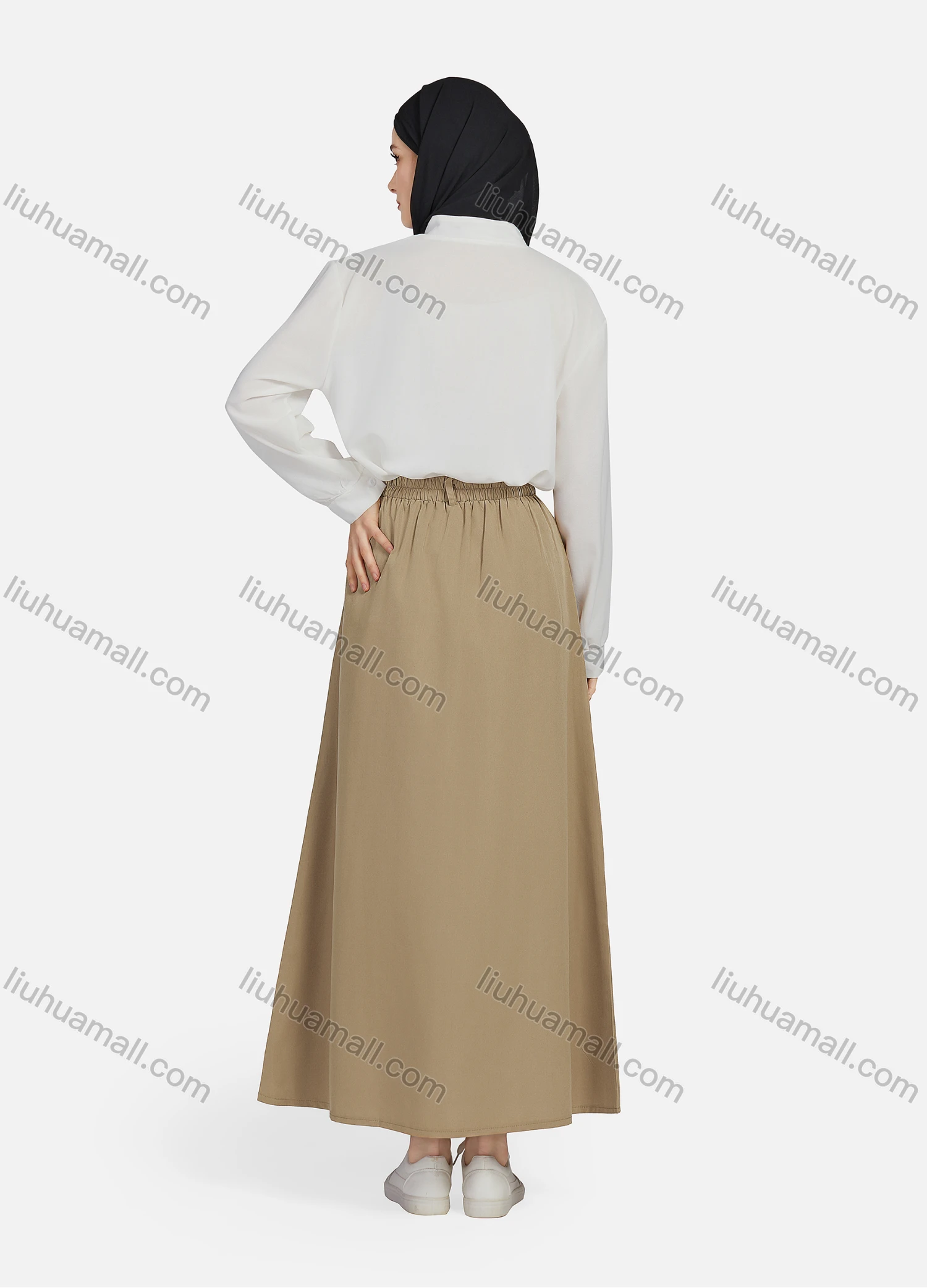 Wholesale Women's Casual Ruched Elastic Waist Plain Patch Pocket Maxi Skirt 1434# - Liuhuamall