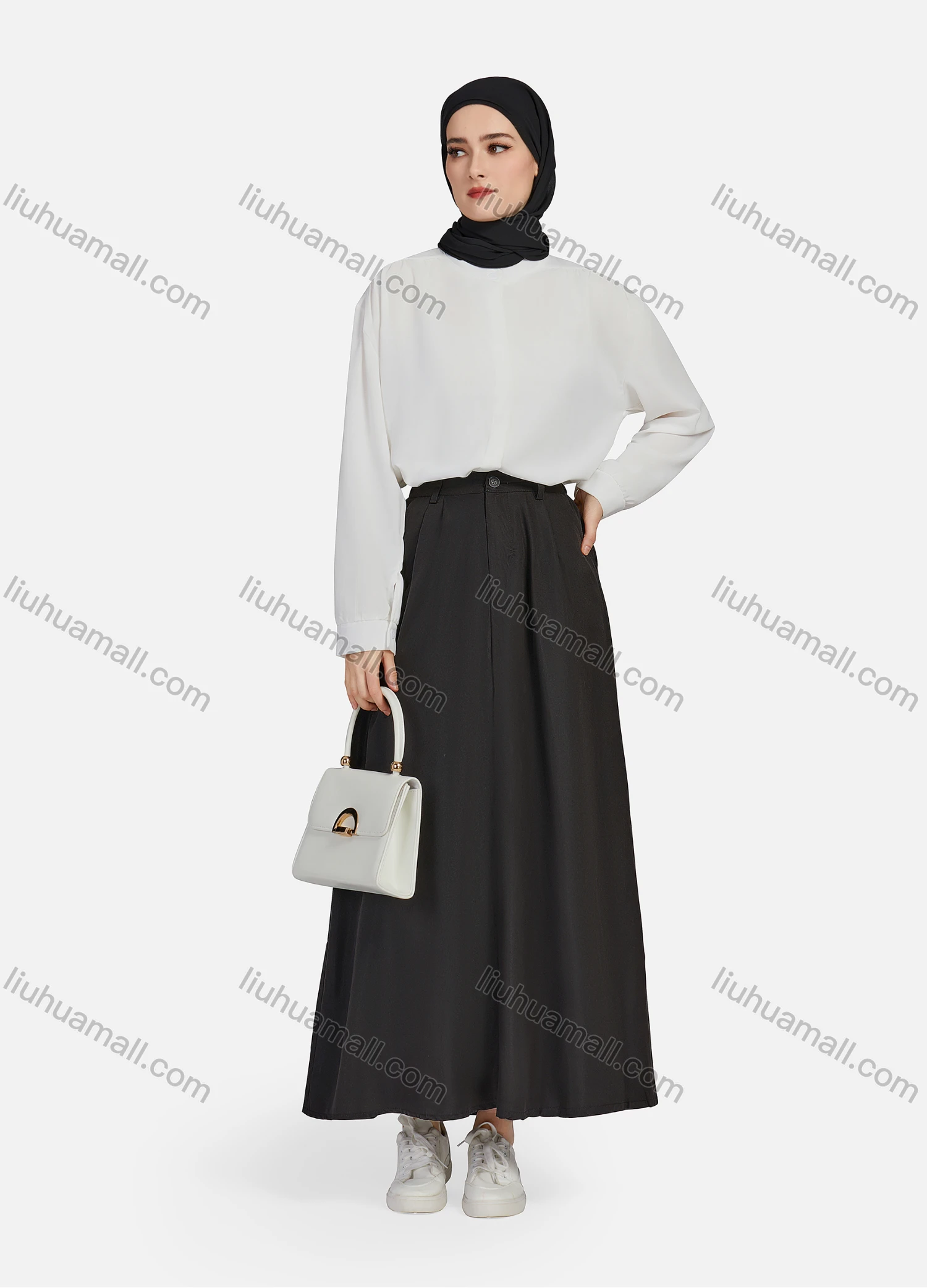 Wholesale Women's Casual Ruched Elastic Waist Plain Patch Pocket Maxi Skirt 1434# - Liuhuamall