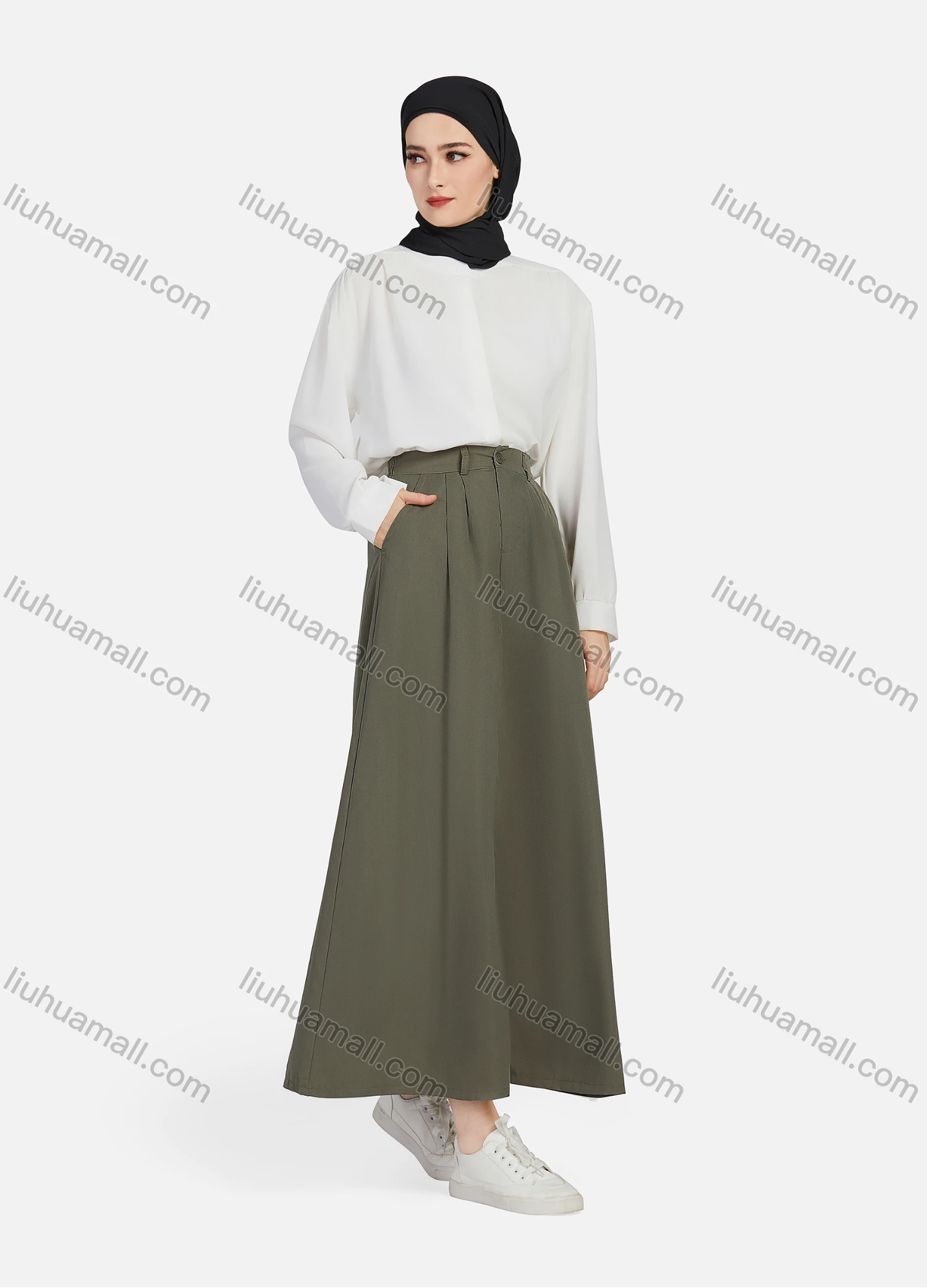 Wholesale Women's Casual Ruched Elastic Waist Plain Patch Pocket Maxi Skirt 1434# - Liuhuamall