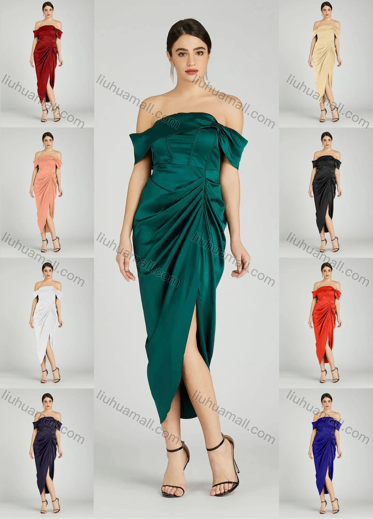 Wholesale Women's Elegant Off Shoulder Cap Sleeve Ruched Wrap Hem Evening Dress 805# - Liuhuamall