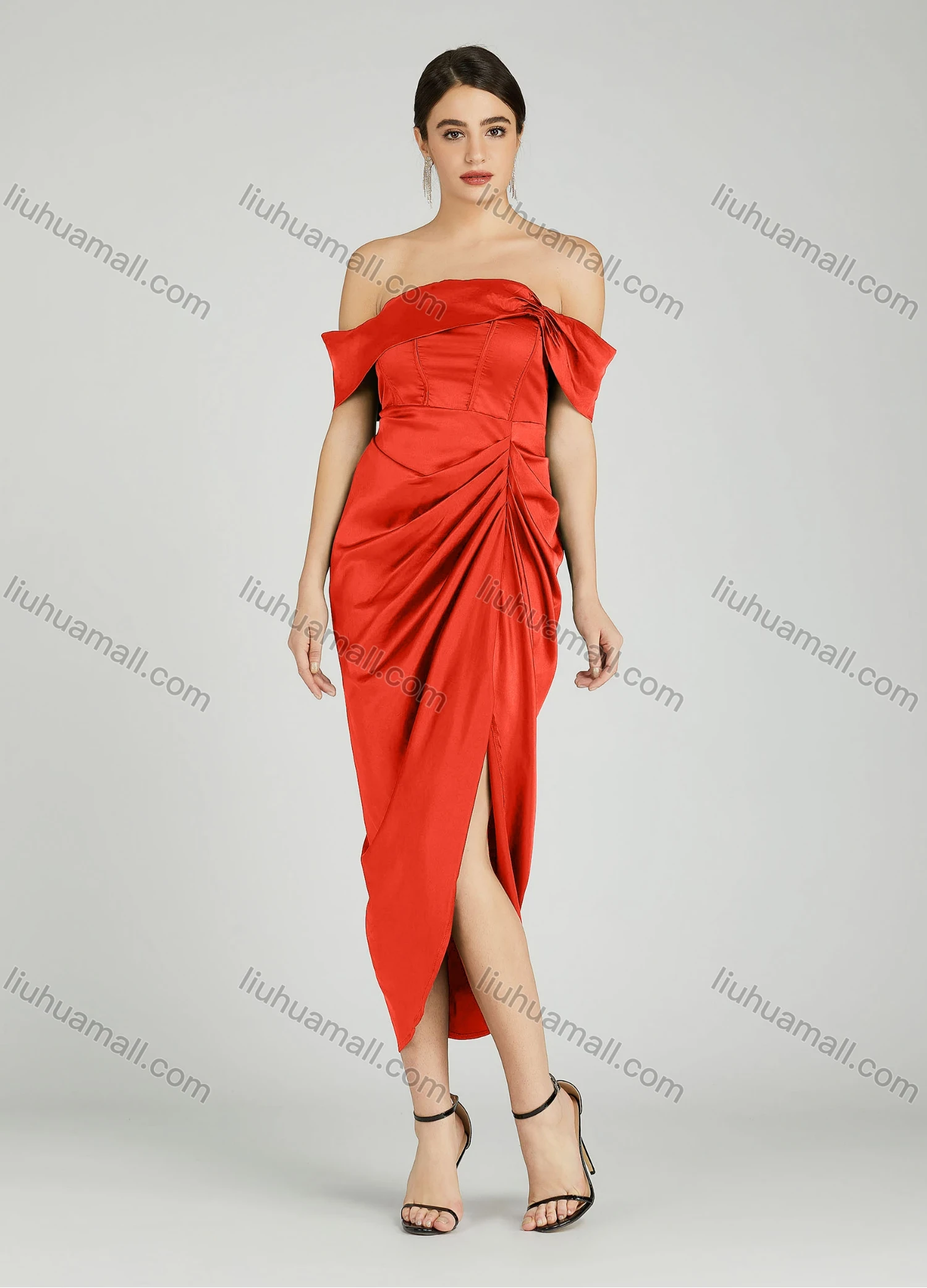 Wholesale Women's Elegant Off Shoulder Cap Sleeve Ruched Wrap Hem Evening Dress 805# - Liuhuamall