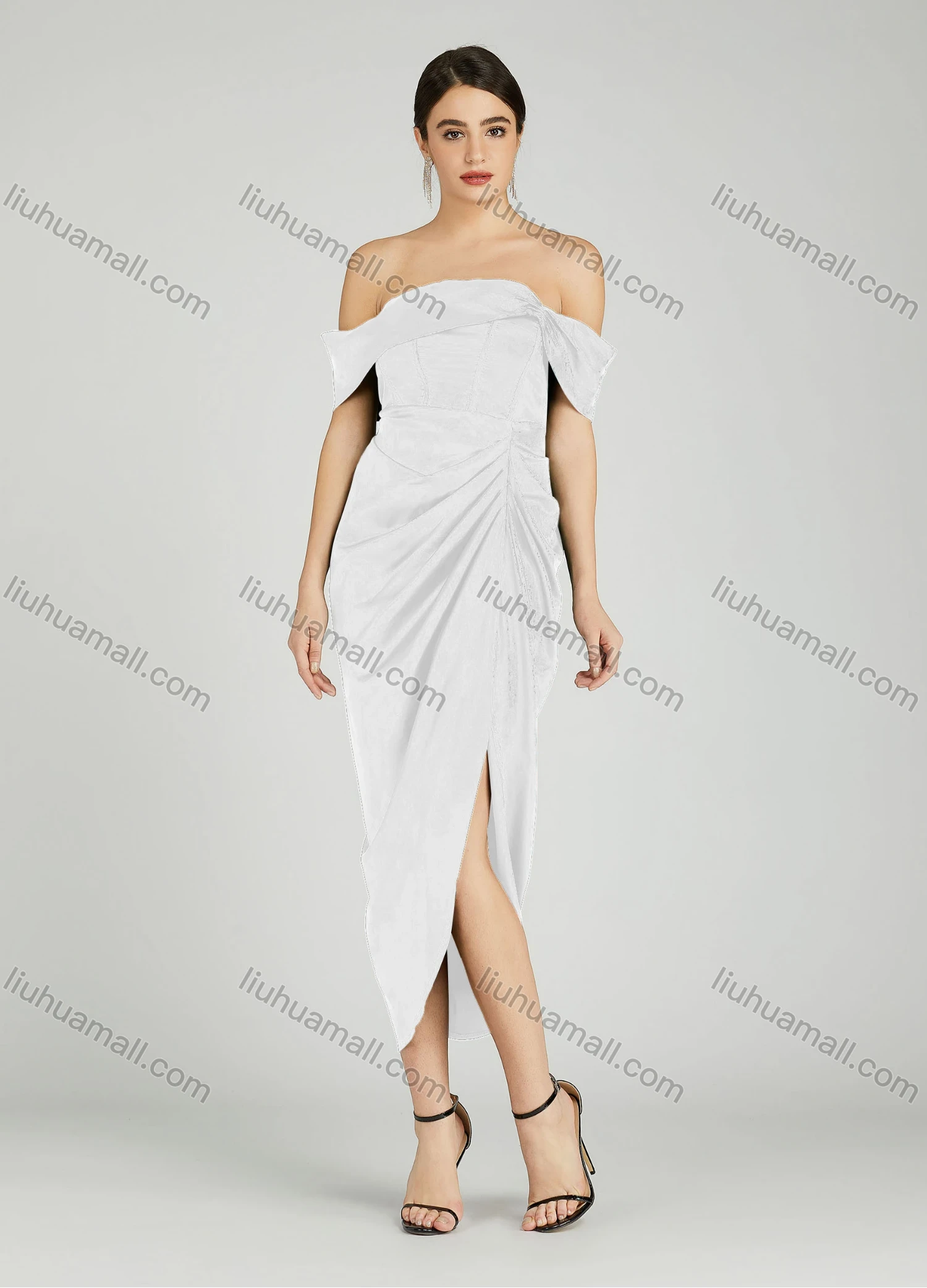 Wholesale Women's Elegant Off Shoulder Cap Sleeve Ruched Wrap Hem Evening Dress 805# - Liuhuamall