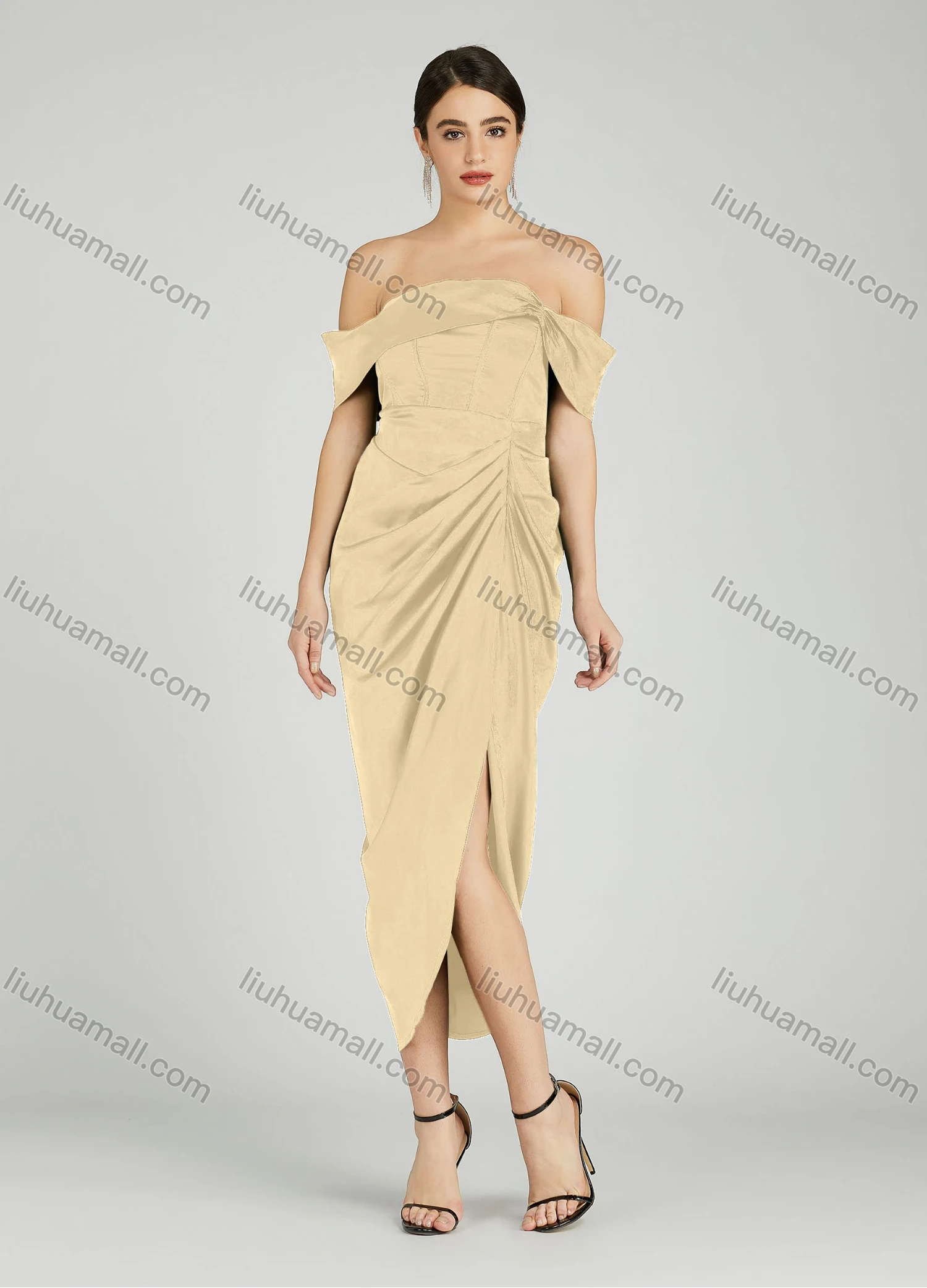 Wholesale Women's Elegant Off Shoulder Cap Sleeve Ruched Wrap Hem Evening Dress 805# - Liuhuamall