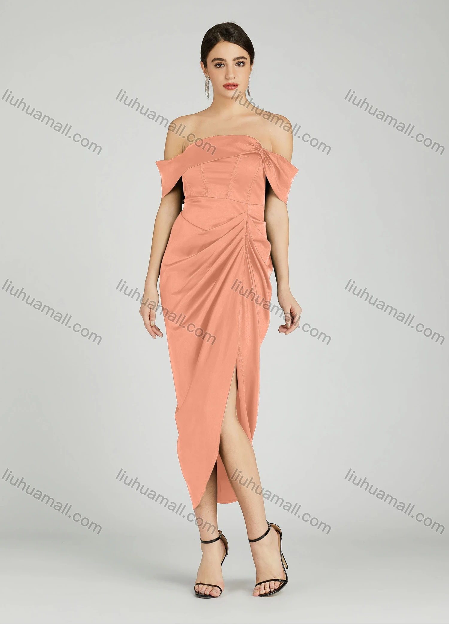 Wholesale Women's Elegant Off Shoulder Cap Sleeve Ruched Wrap Hem Evening Dress 805# - Liuhuamall