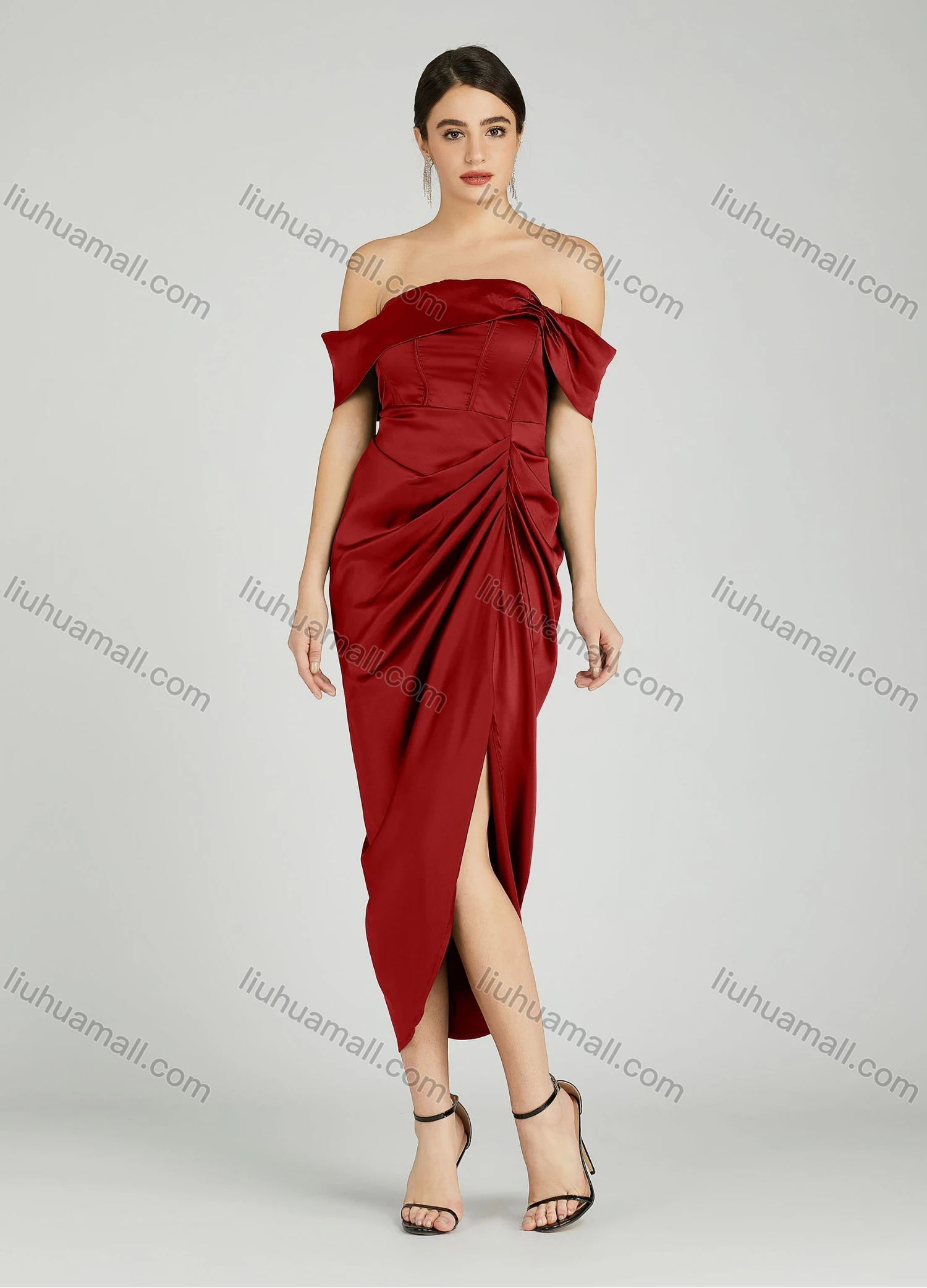 Wholesale Women's Elegant Off Shoulder Cap Sleeve Ruched Wrap Hem Evening Dress 805# - Liuhuamall