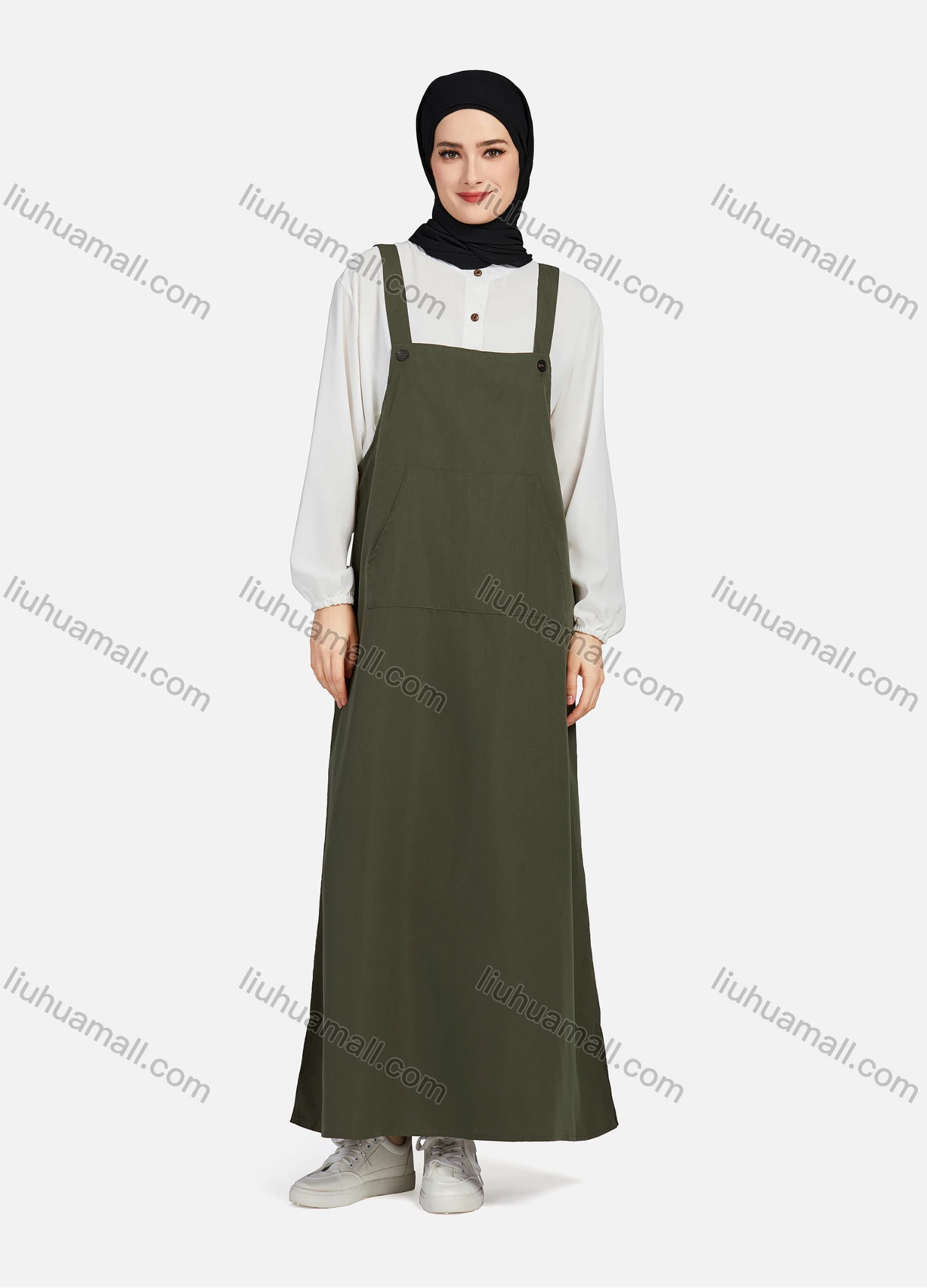 Wholesale Women's Casual Plain Square Neck Kangaroo Pocket Split Side Maxi Pinafore Dress 1430# - Liuhuamall