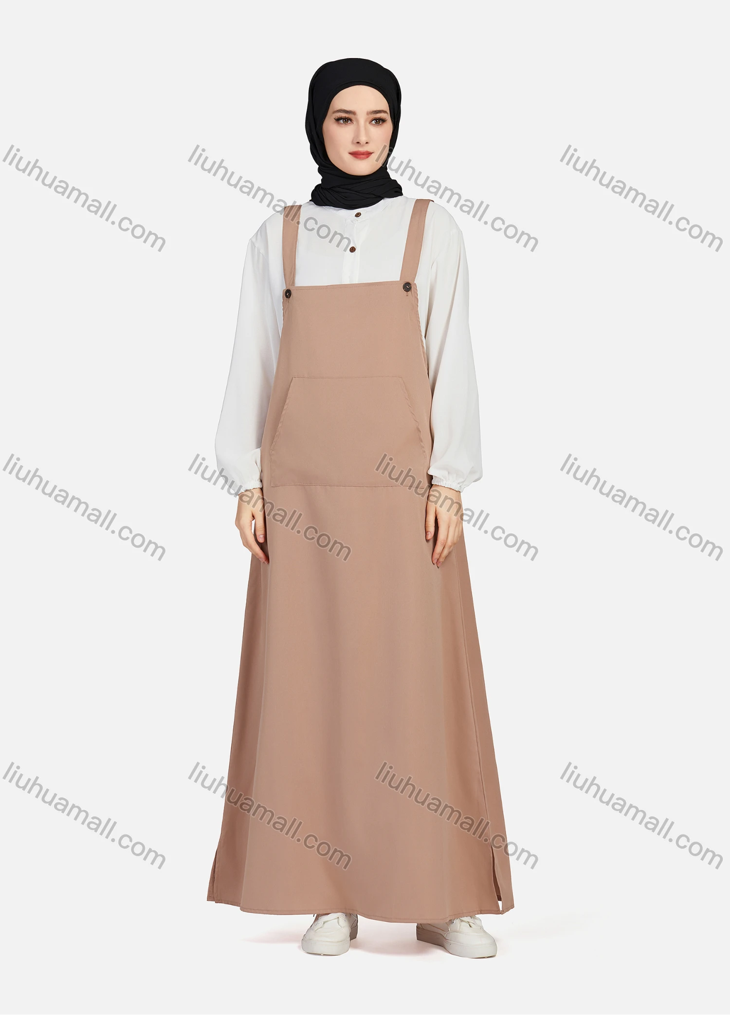 Wholesale Women's Casual Plain Square Neck Kangaroo Pocket Split Side Maxi Pinafore Dress 1430# - Liuhuamall