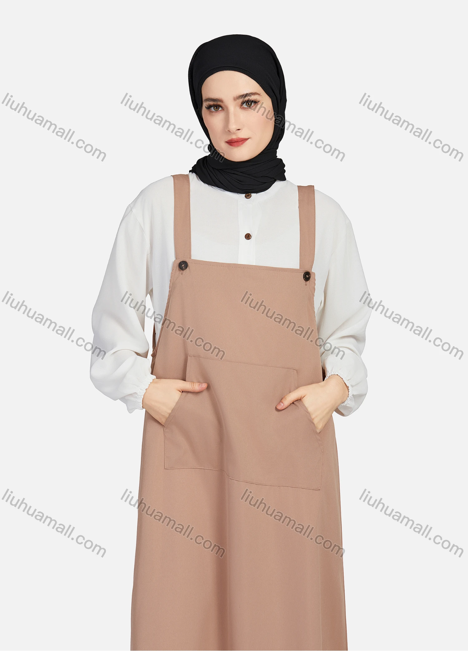 Wholesale Women's Casual Plain Square Neck Kangaroo Pocket Split Side Maxi Pinafore Dress 1430# - Liuhuamall
