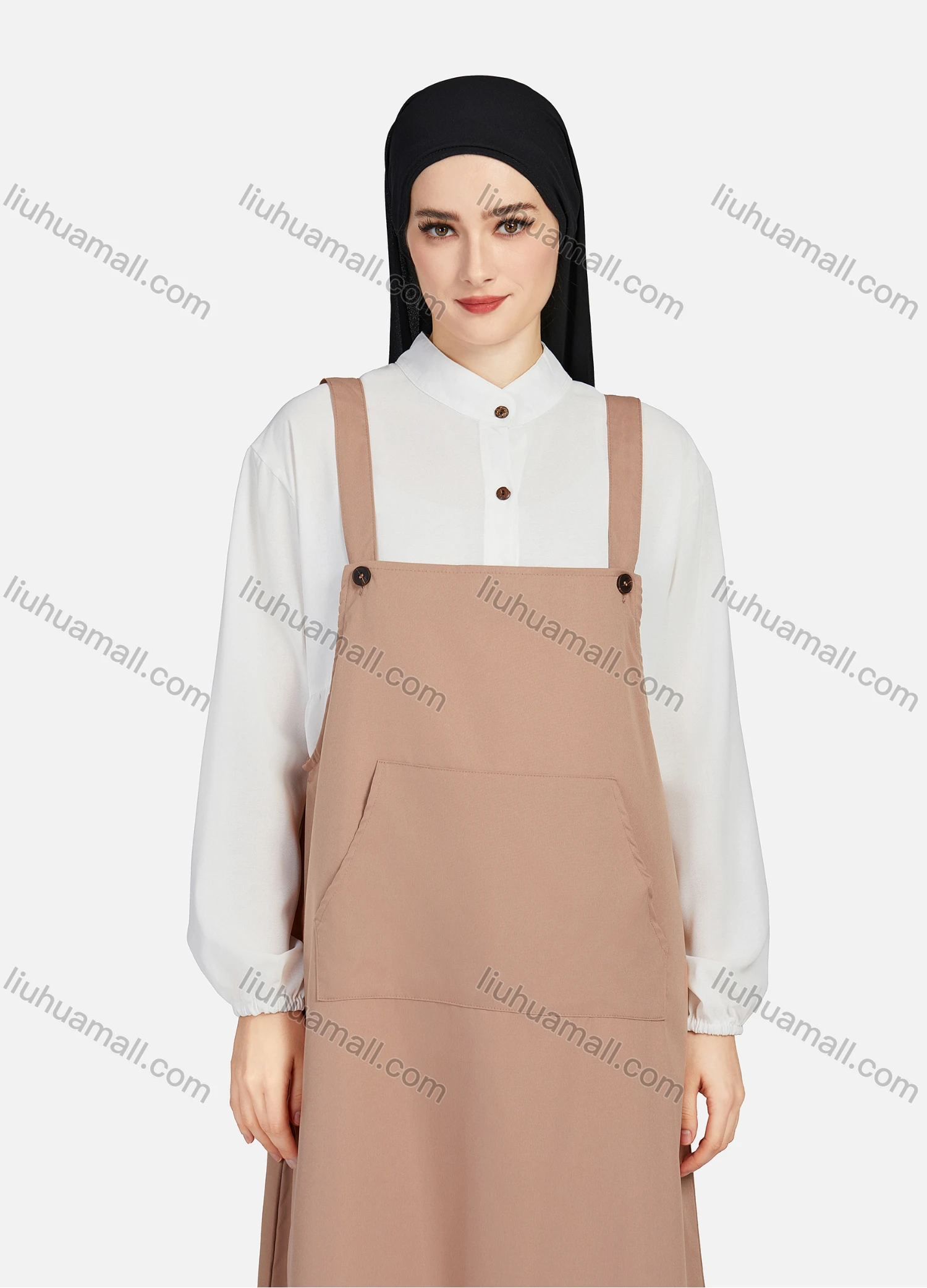 Wholesale Women's Casual Plain Square Neck Kangaroo Pocket Split Side Maxi Pinafore Dress 1430# - Liuhuamall