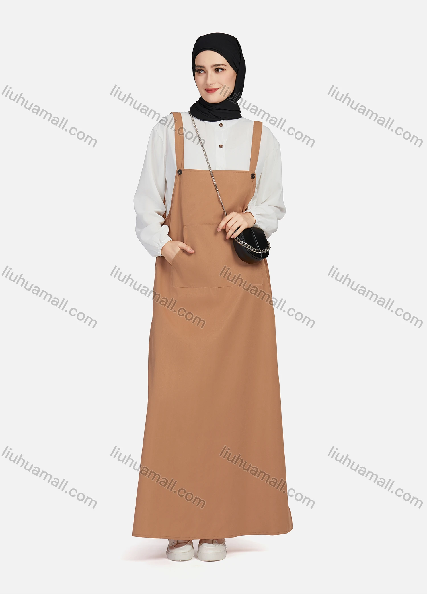 Wholesale Women's Casual Plain Square Neck Kangaroo Pocket Split Side Maxi Pinafore Dress 1430# - Liuhuamall