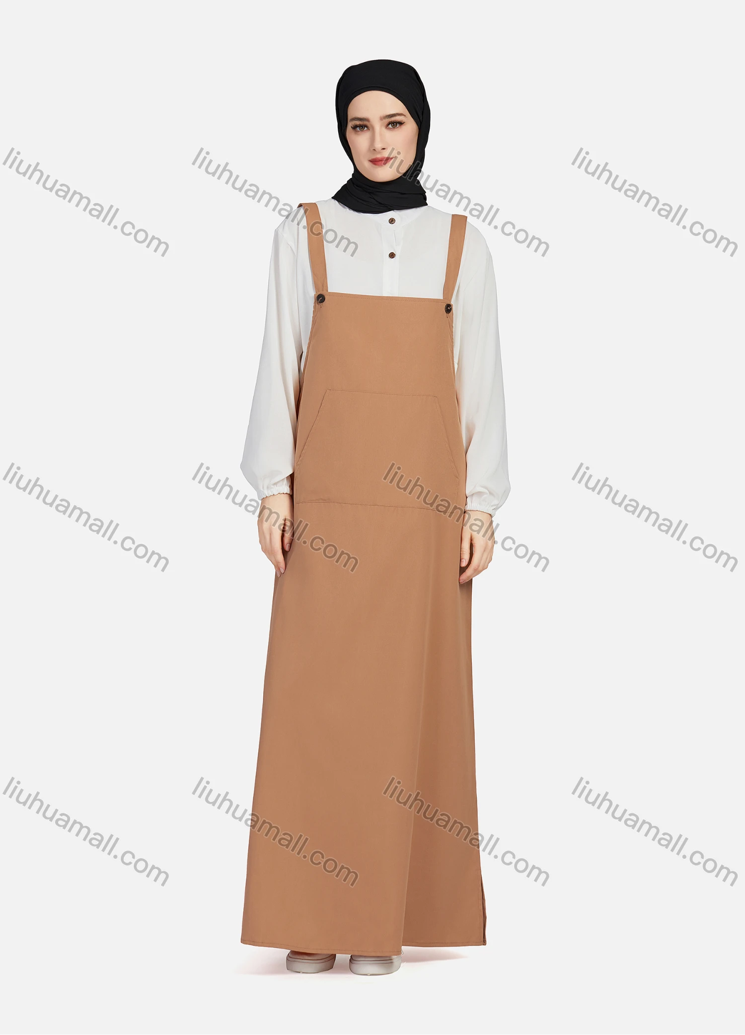Wholesale Women's Casual Plain Square Neck Kangaroo Pocket Split Side Maxi Pinafore Dress 1430# - Liuhuamall