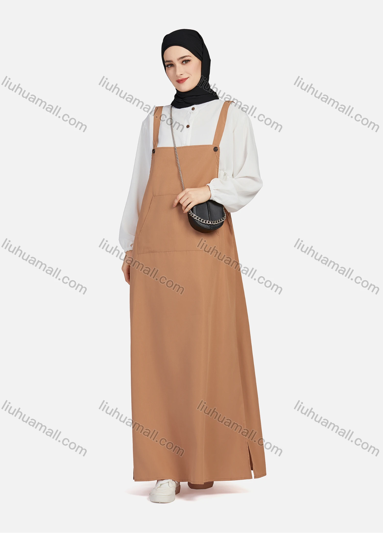 Wholesale Women's Casual Plain Square Neck Kangaroo Pocket Split Side Maxi Pinafore Dress 1430# - Liuhuamall