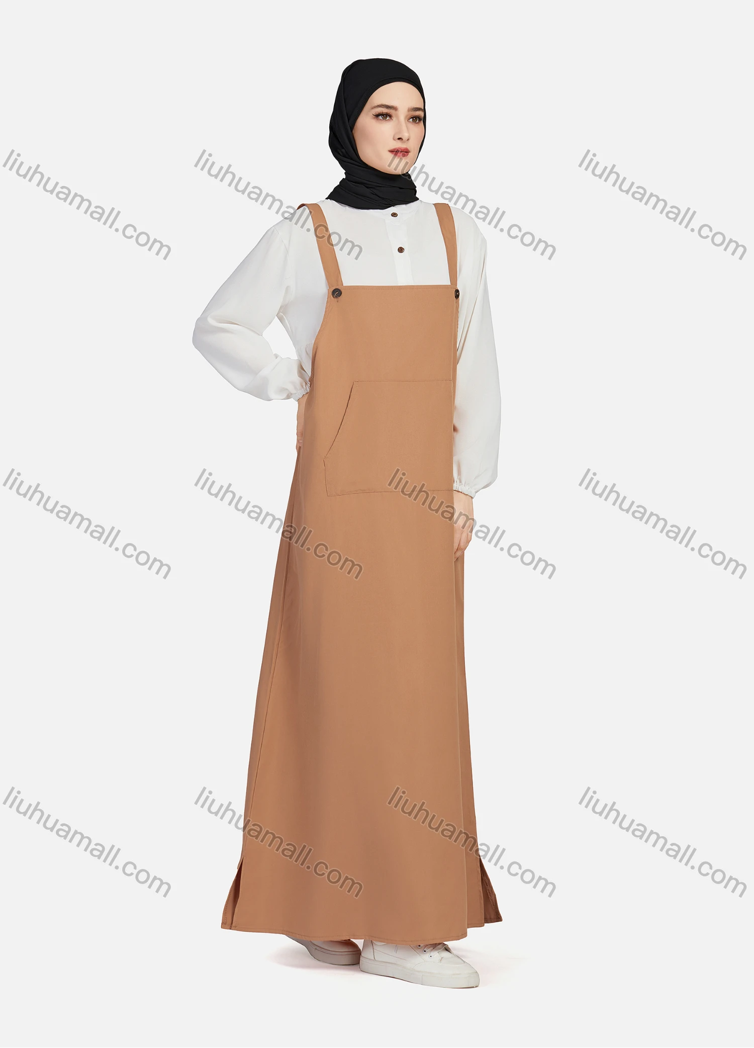 Wholesale Women's Casual Plain Square Neck Kangaroo Pocket Split Side Maxi Pinafore Dress 1430# - Liuhuamall