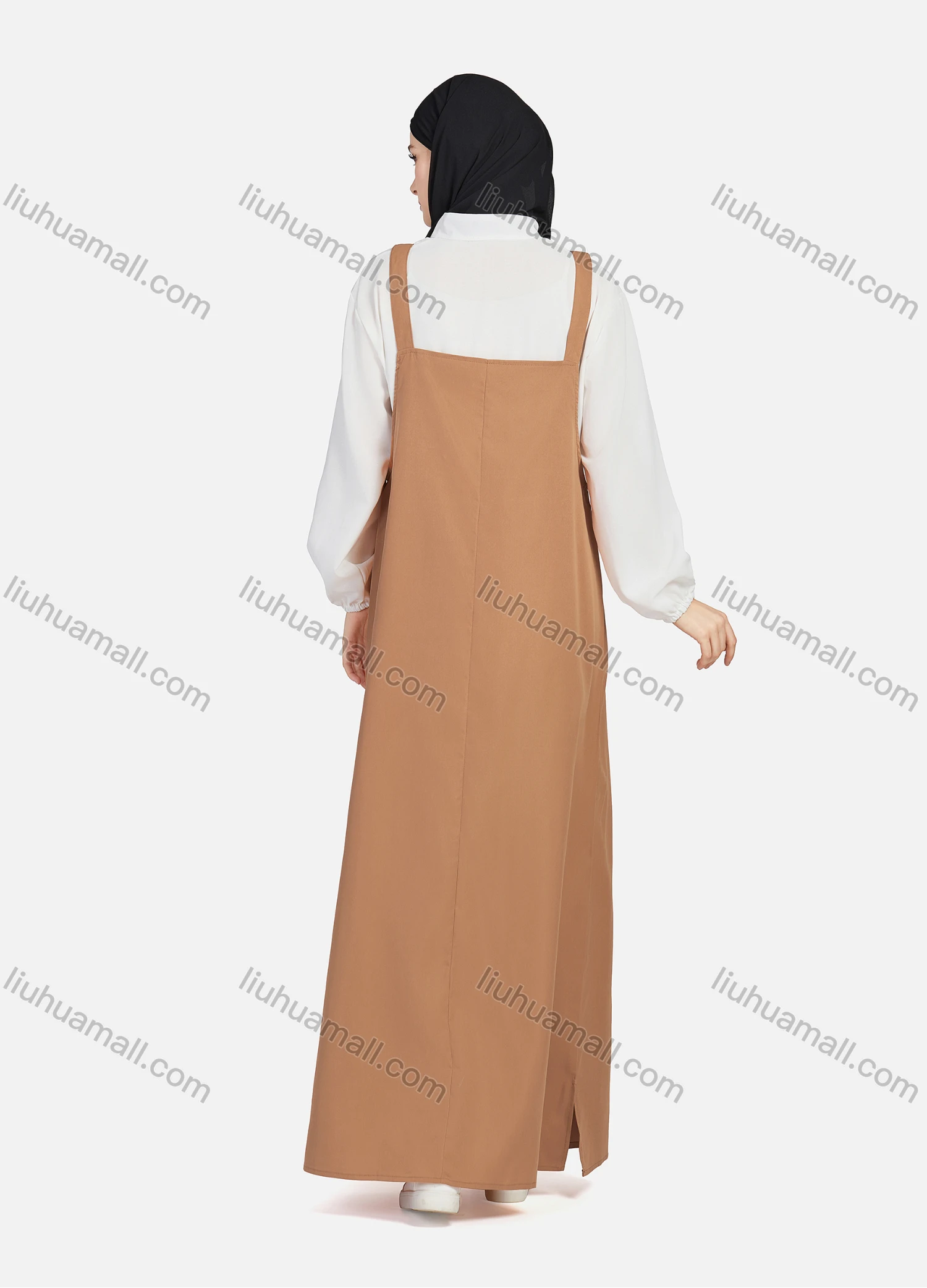 Wholesale Women's Casual Plain Square Neck Kangaroo Pocket Split Side Maxi Pinafore Dress 1430# - Liuhuamall