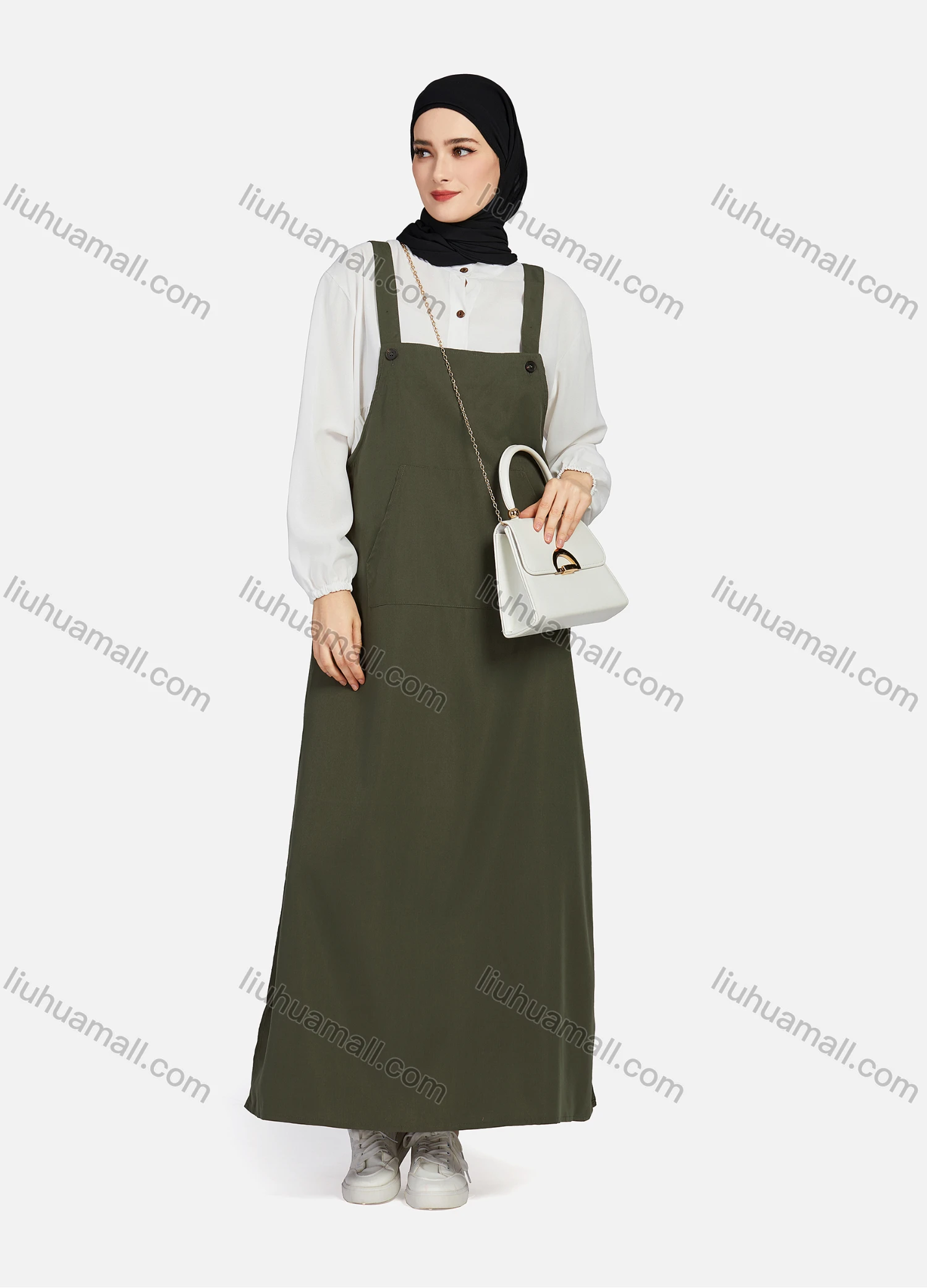 Wholesale Women's Casual Plain Square Neck Kangaroo Pocket Split Side Maxi Pinafore Dress 1430# - Liuhuamall