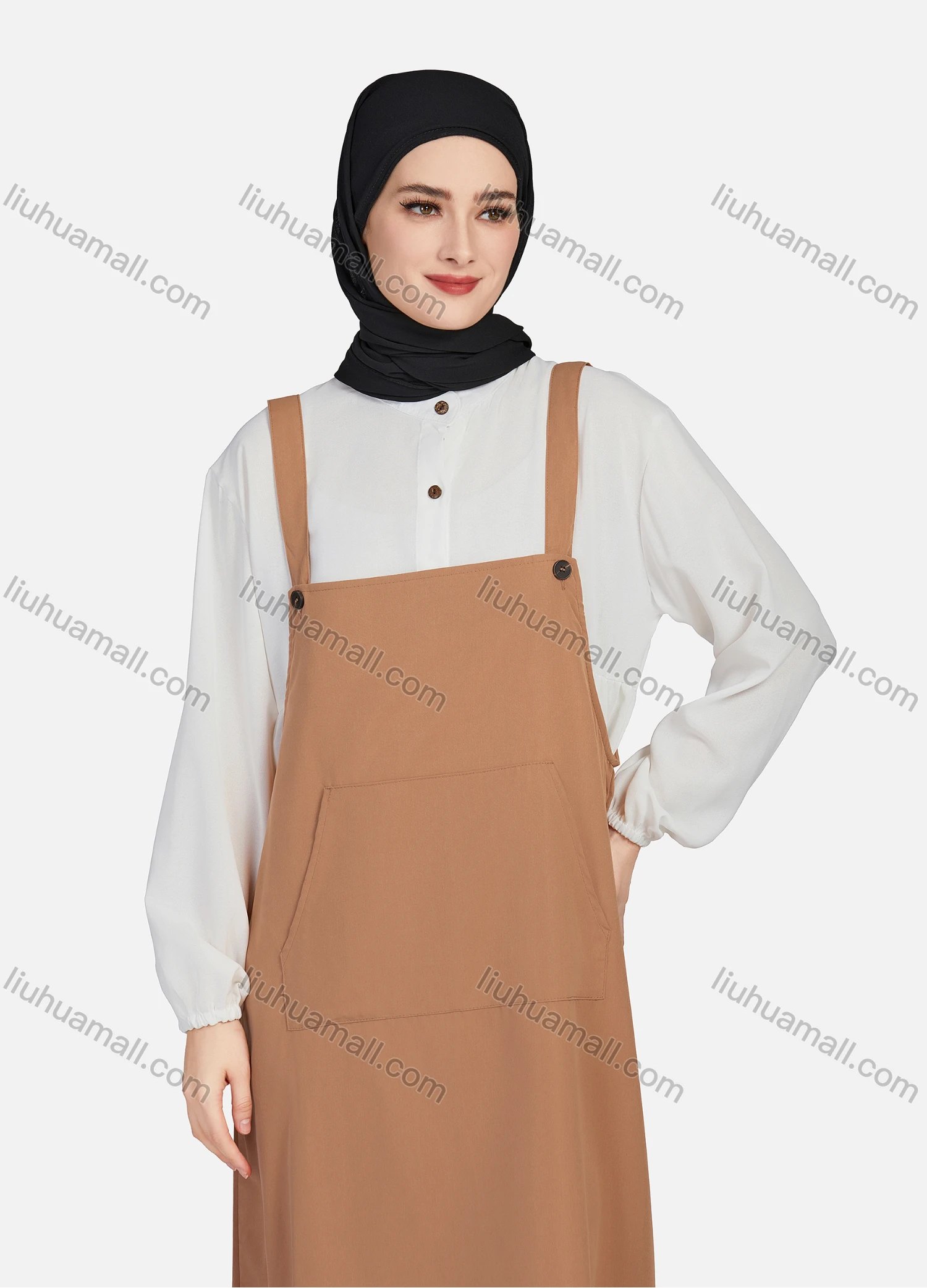 Wholesale Women's Casual Plain Square Neck Kangaroo Pocket Split Side Maxi Pinafore Dress 1430# - Liuhuamall