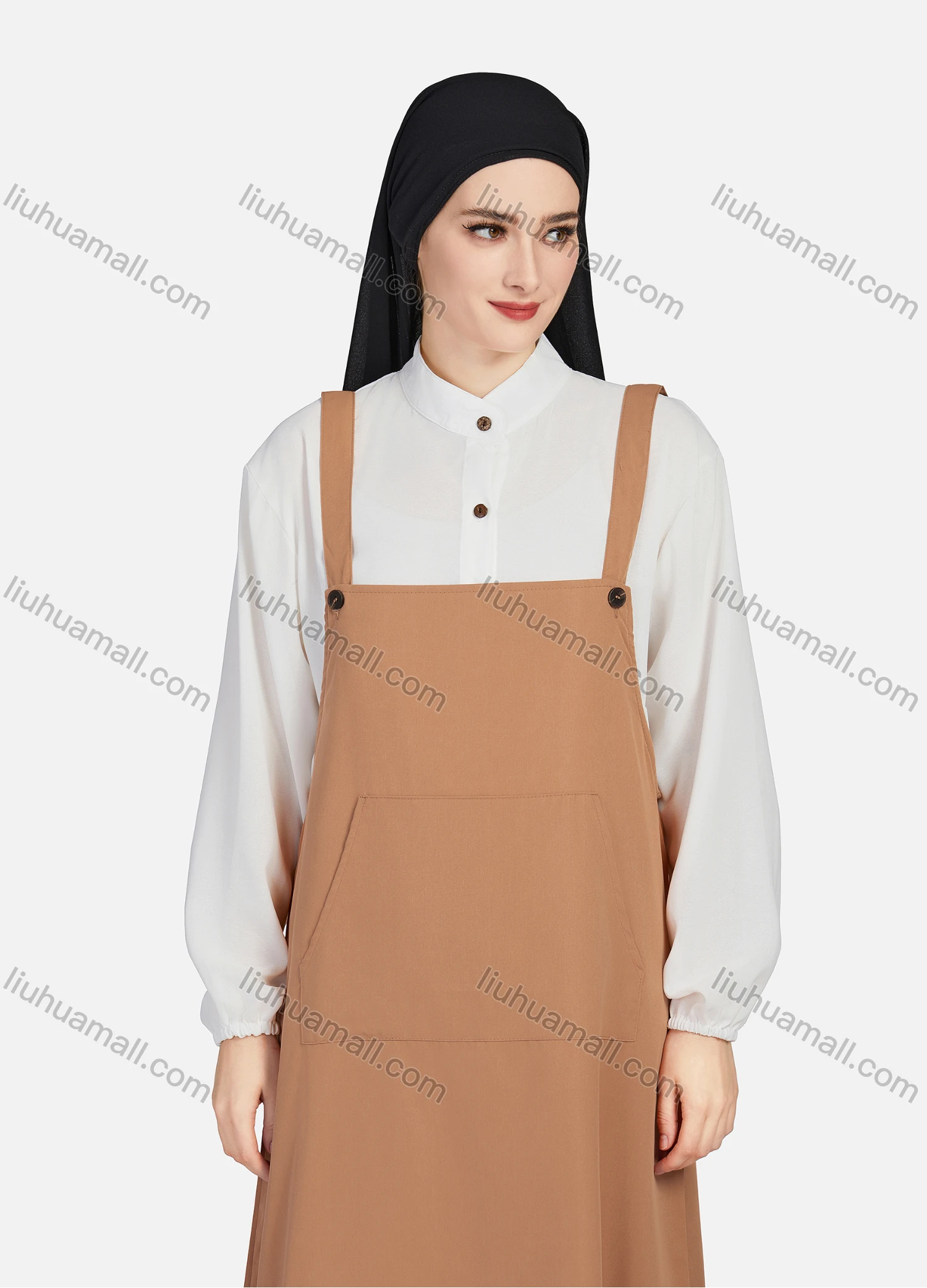 Wholesale Women's Casual Plain Square Neck Kangaroo Pocket Split Side Maxi Pinafore Dress 1430# - Liuhuamall
