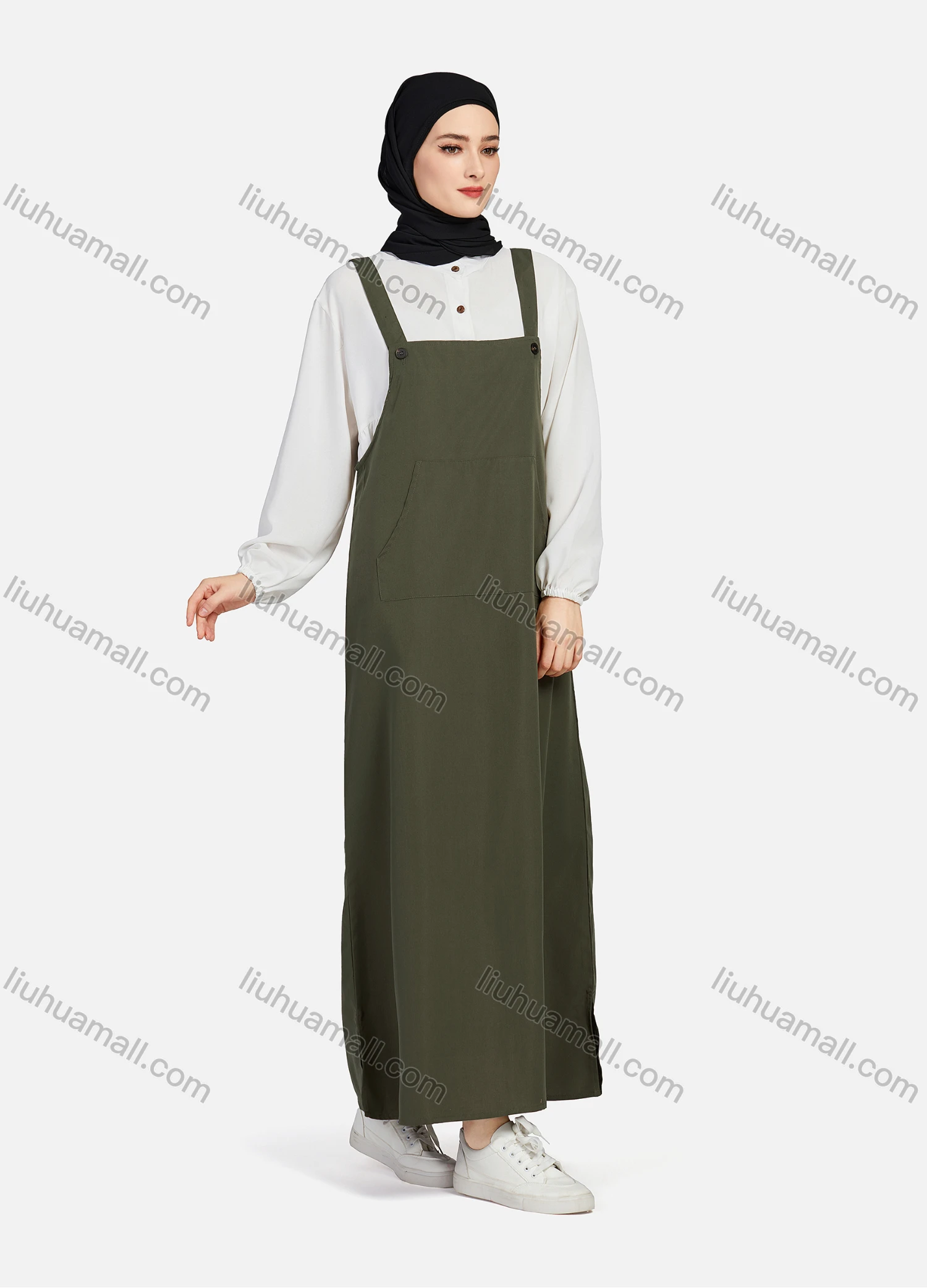 Wholesale Women's Casual Plain Square Neck Kangaroo Pocket Split Side Maxi Pinafore Dress 1430# - Liuhuamall