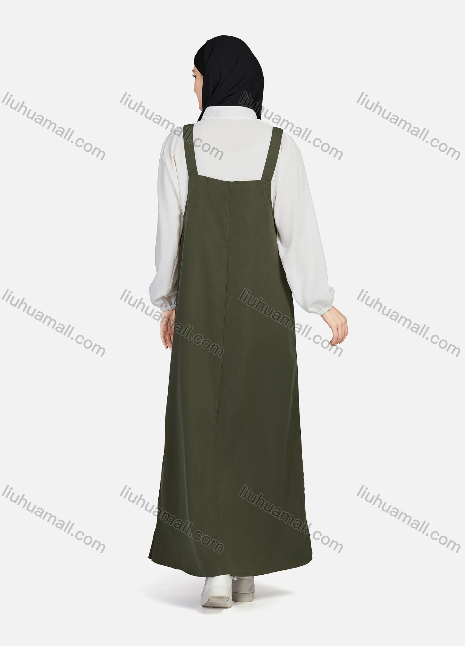 Wholesale Women's Casual Plain Square Neck Kangaroo Pocket Split Side Maxi Pinafore Dress 1430# - Liuhuamall