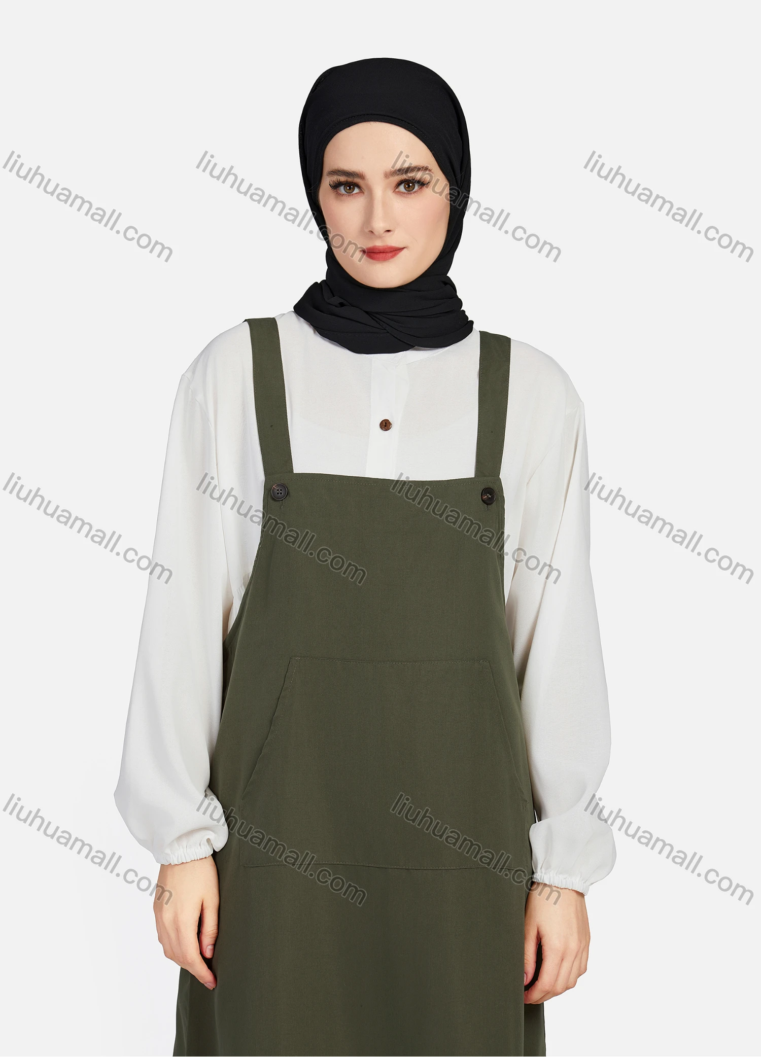 Wholesale Women's Casual Plain Square Neck Kangaroo Pocket Split Side Maxi Pinafore Dress 1430# - Liuhuamall