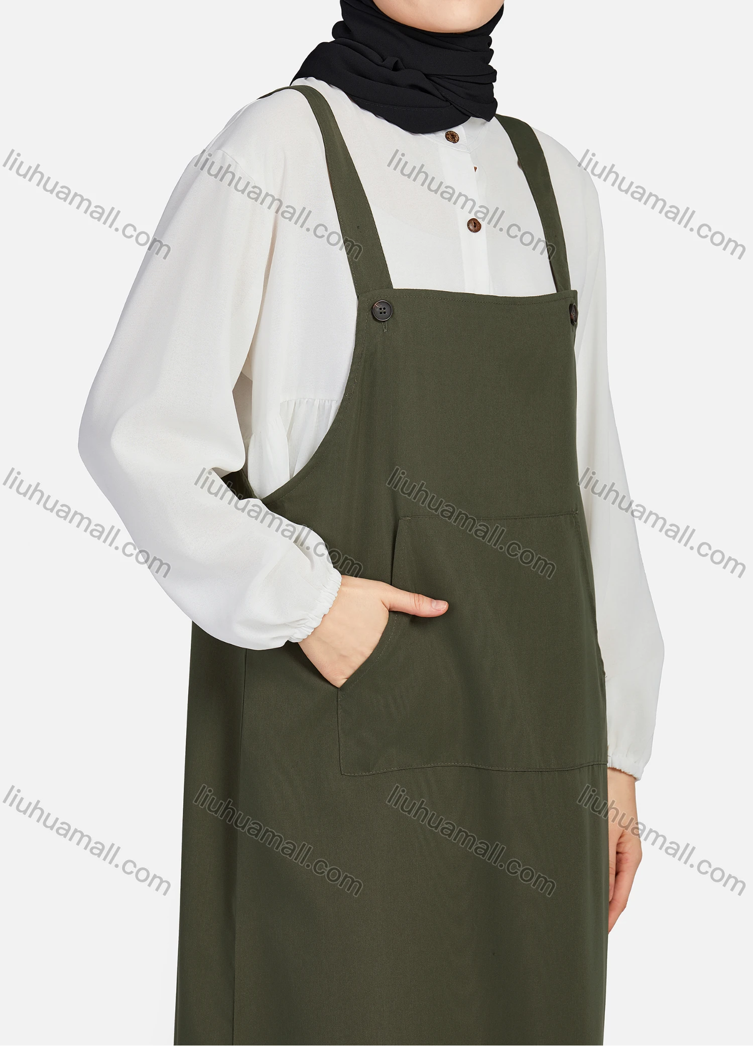 Wholesale Women's Casual Plain Square Neck Kangaroo Pocket Split Side Maxi Pinafore Dress 1430# - Liuhuamall