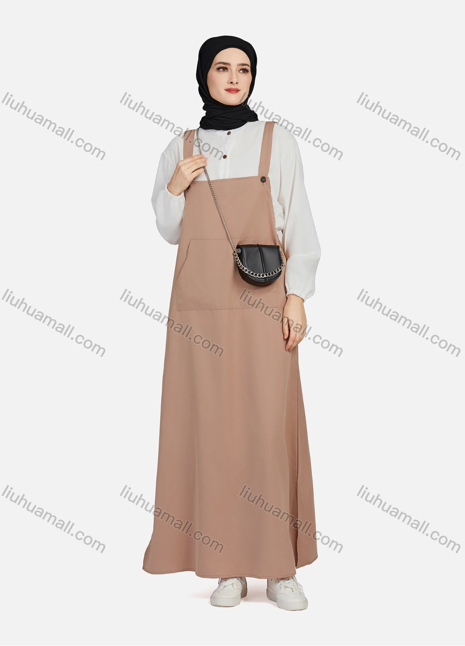 Wholesale Women's Casual Plain Square Neck Kangaroo Pocket Split Side Maxi Pinafore Dress 1430# - Liuhuamall