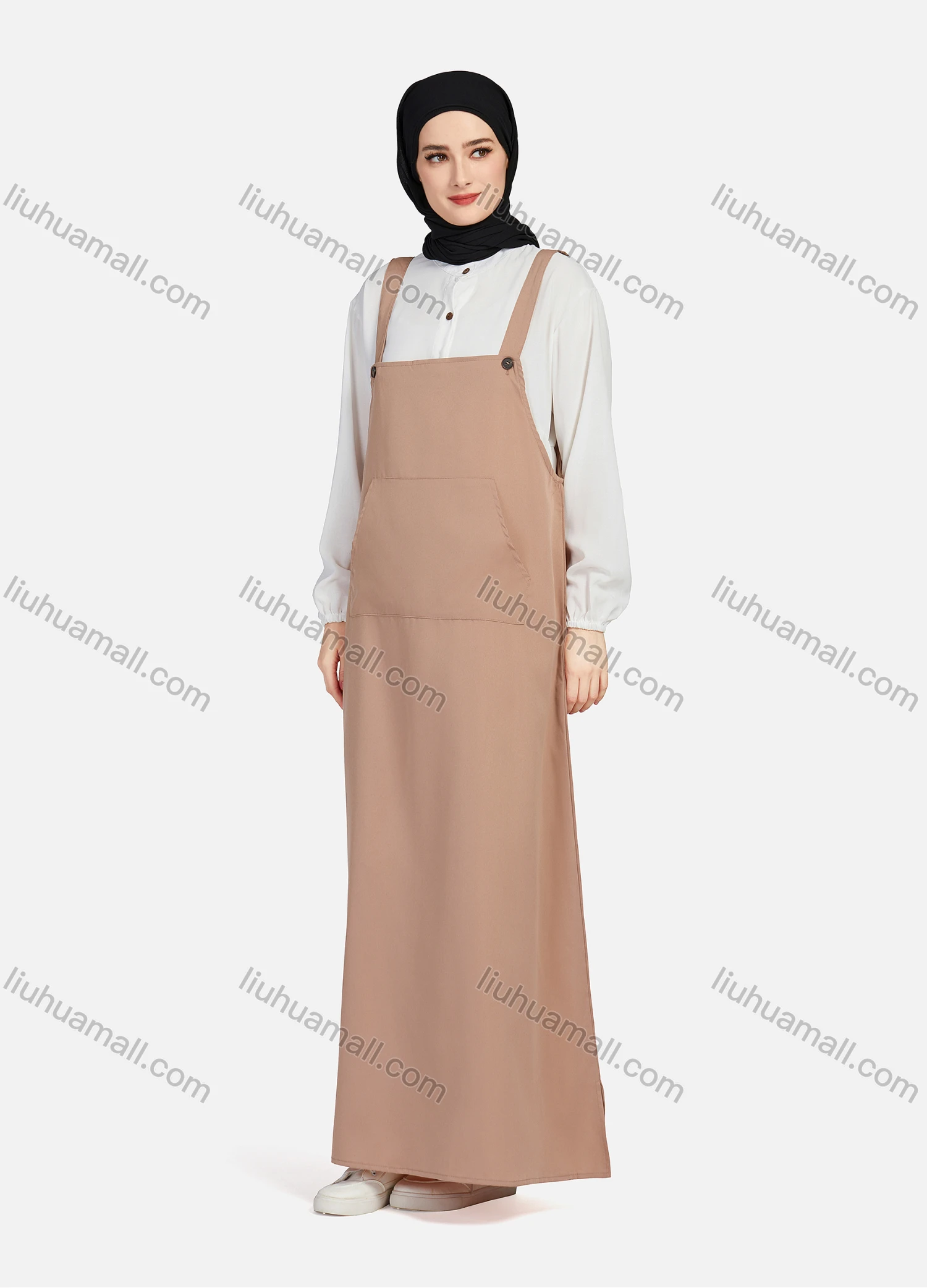 Wholesale Women's Casual Plain Square Neck Kangaroo Pocket Split Side Maxi Pinafore Dress 1430# - Liuhuamall