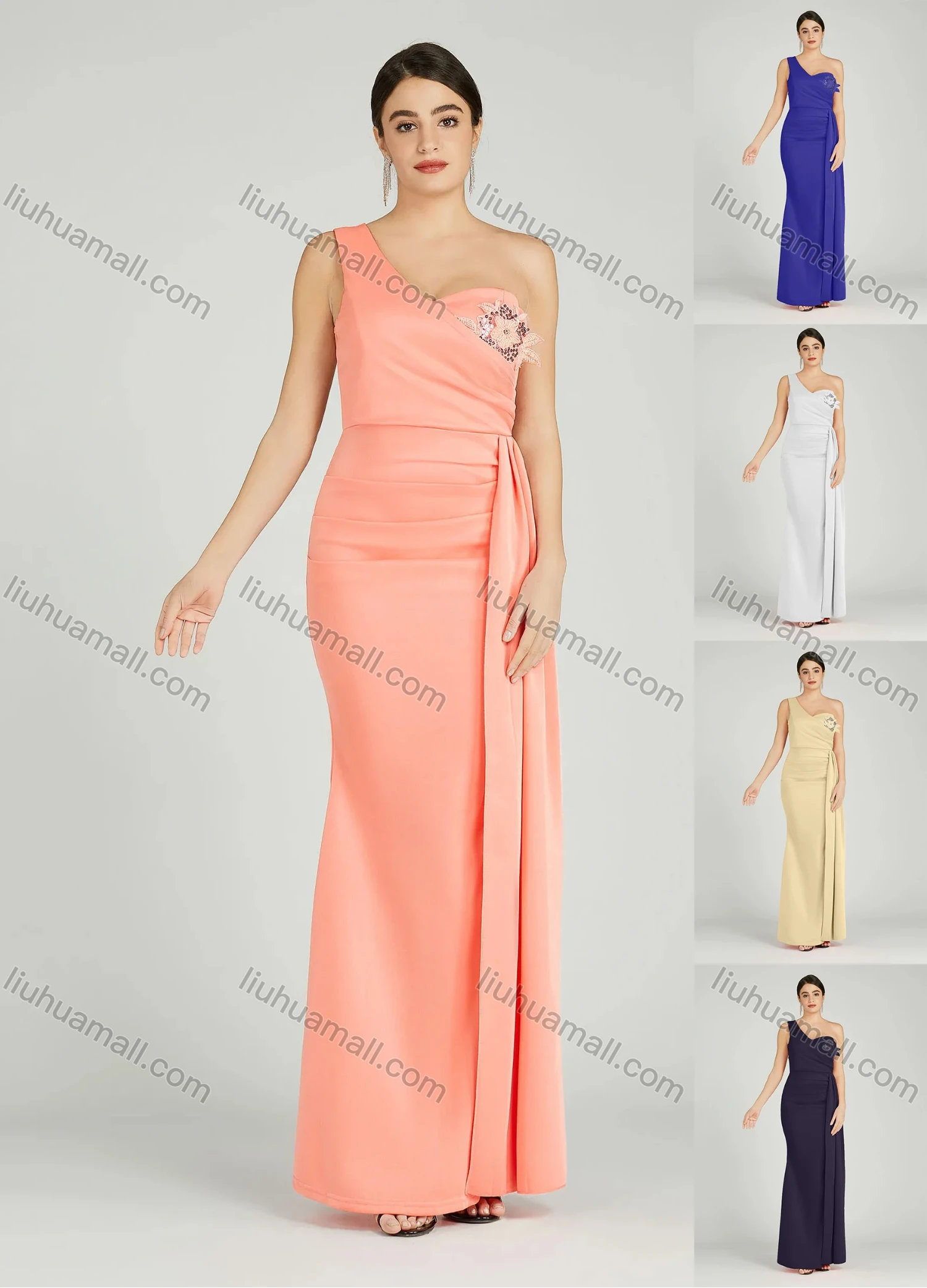 Wholesale Women's Elegant One Shoulder Sequin Applique Mermaid Evening Dress 5023# - Liuhuamall