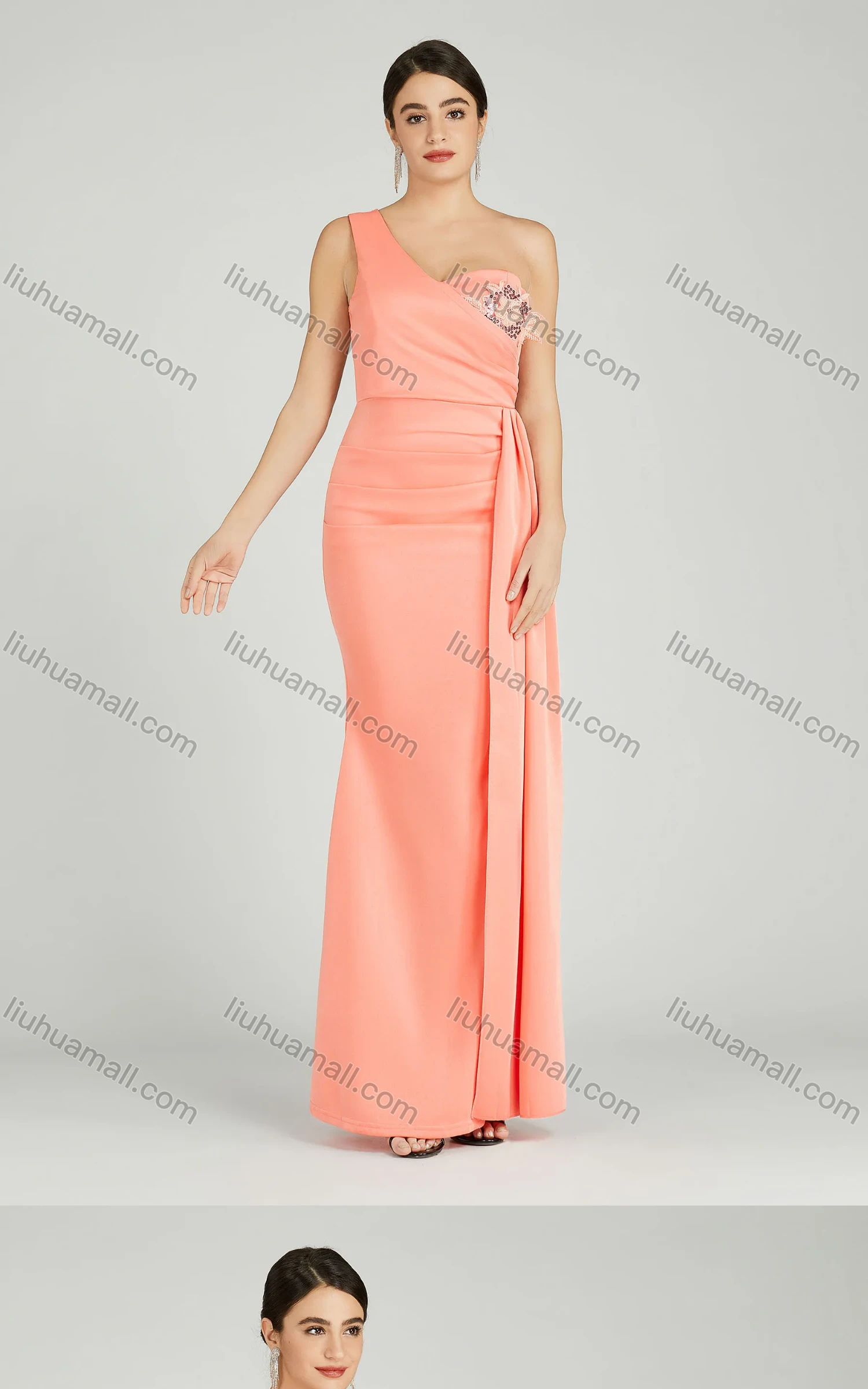Wholesale Women's Elegant One Shoulder Sequin Applique Mermaid Evening Dress 5023# - Liuhuamall