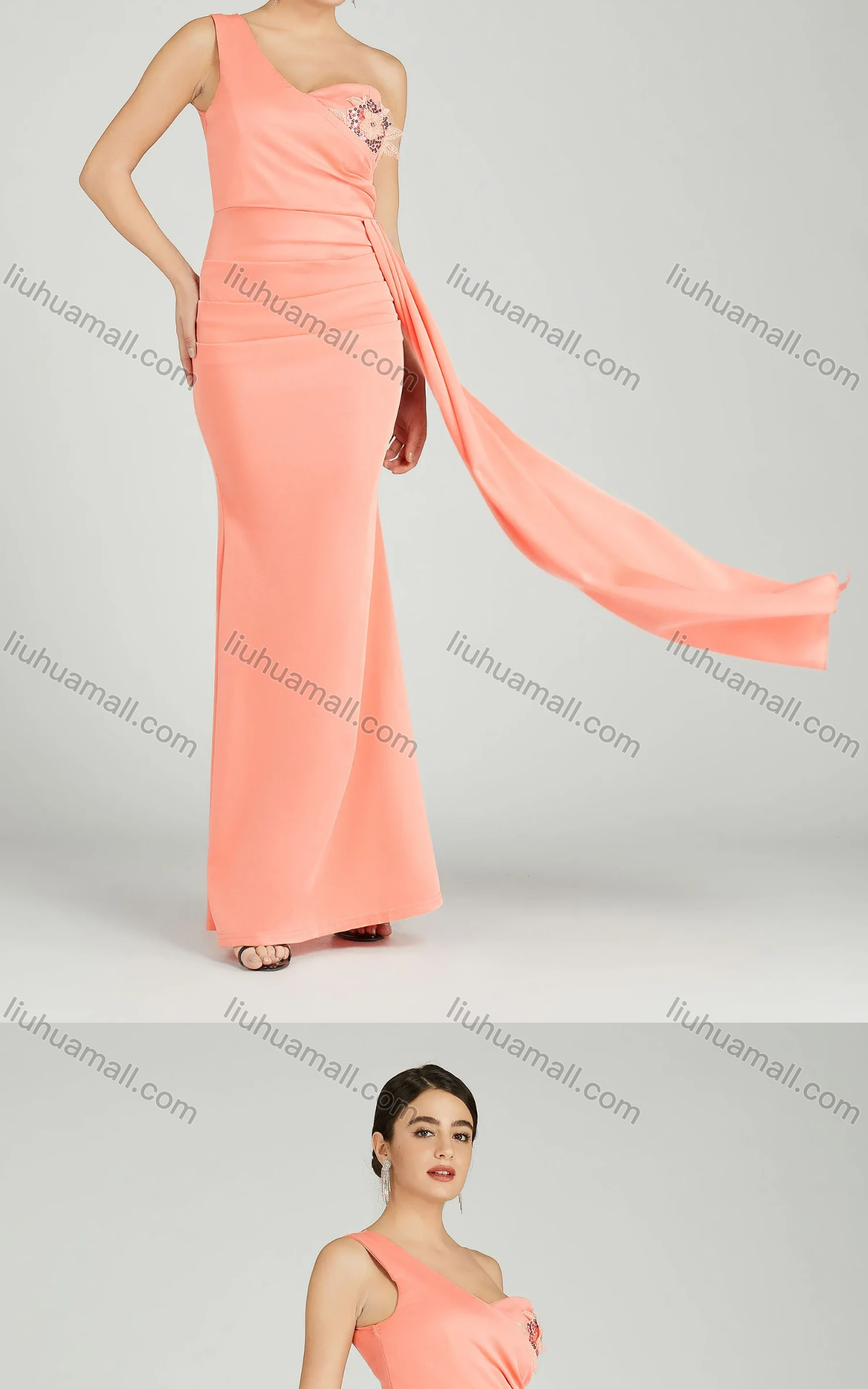 Wholesale Women's Elegant One Shoulder Sequin Applique Mermaid Evening Dress 5023# - Liuhuamall