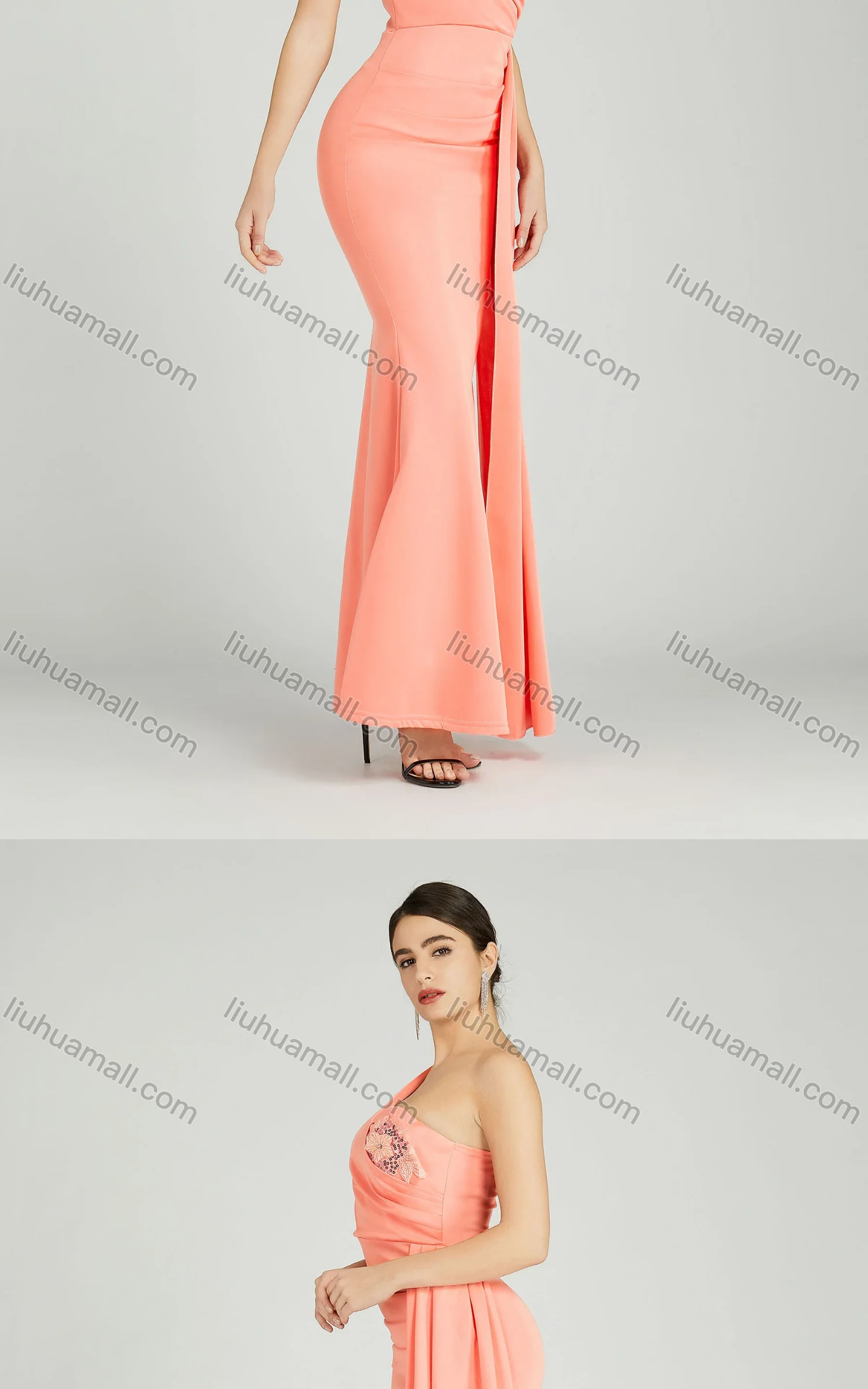 Wholesale Women's Elegant One Shoulder Sequin Applique Mermaid Evening Dress 5023# - Liuhuamall