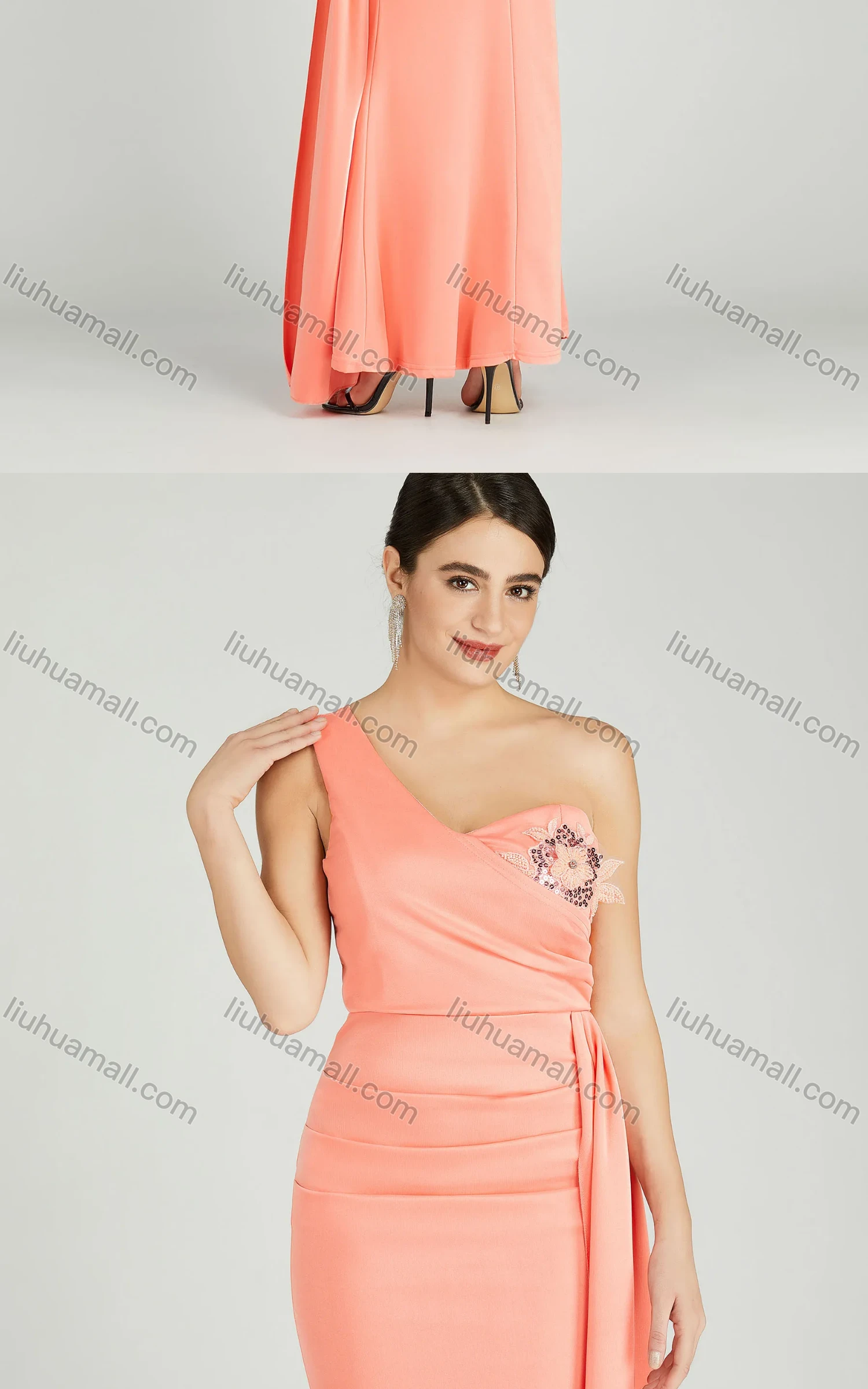 Wholesale Women's Elegant One Shoulder Sequin Applique Mermaid Evening Dress 5023# - Liuhuamall