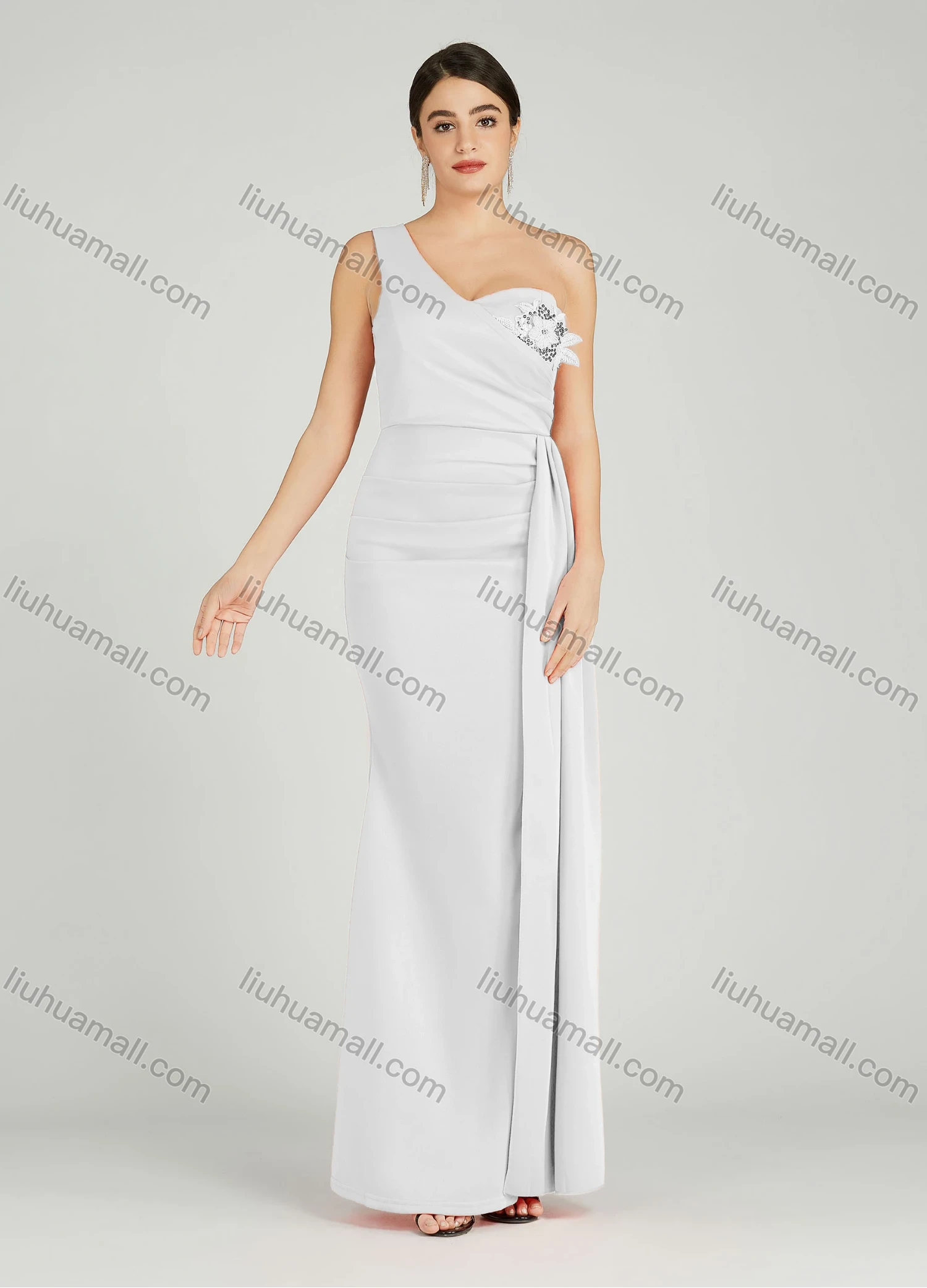 Wholesale Women's Elegant One Shoulder Sequin Applique Mermaid Evening Dress 5023# - Liuhuamall