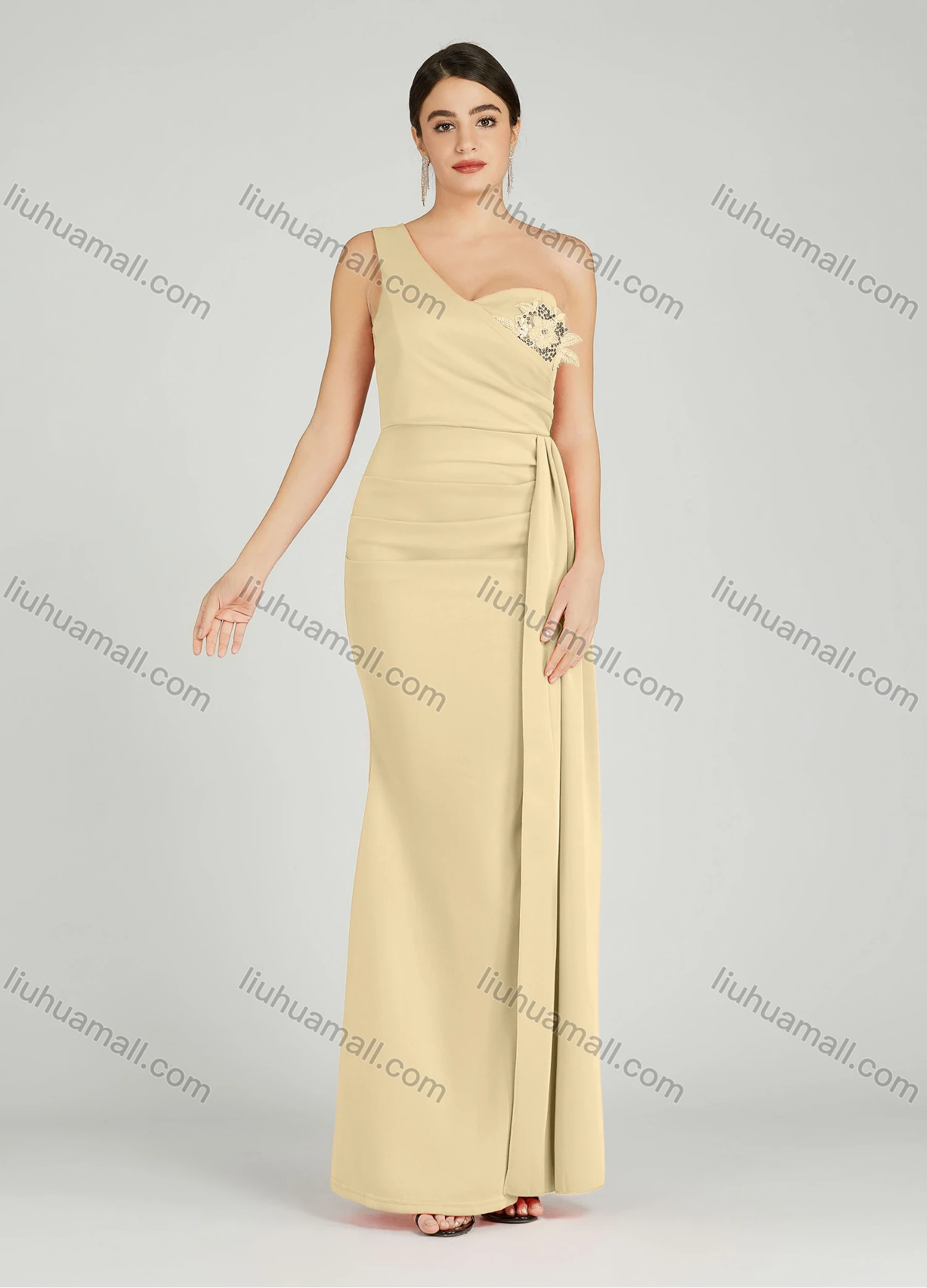 Wholesale Women's Elegant One Shoulder Sequin Applique Mermaid Evening Dress 5023# - Liuhuamall