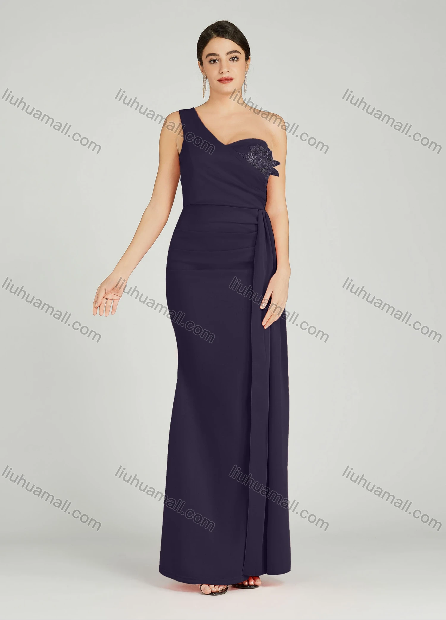 Wholesale Women's Elegant One Shoulder Sequin Applique Mermaid Evening Dress 5023# - Liuhuamall