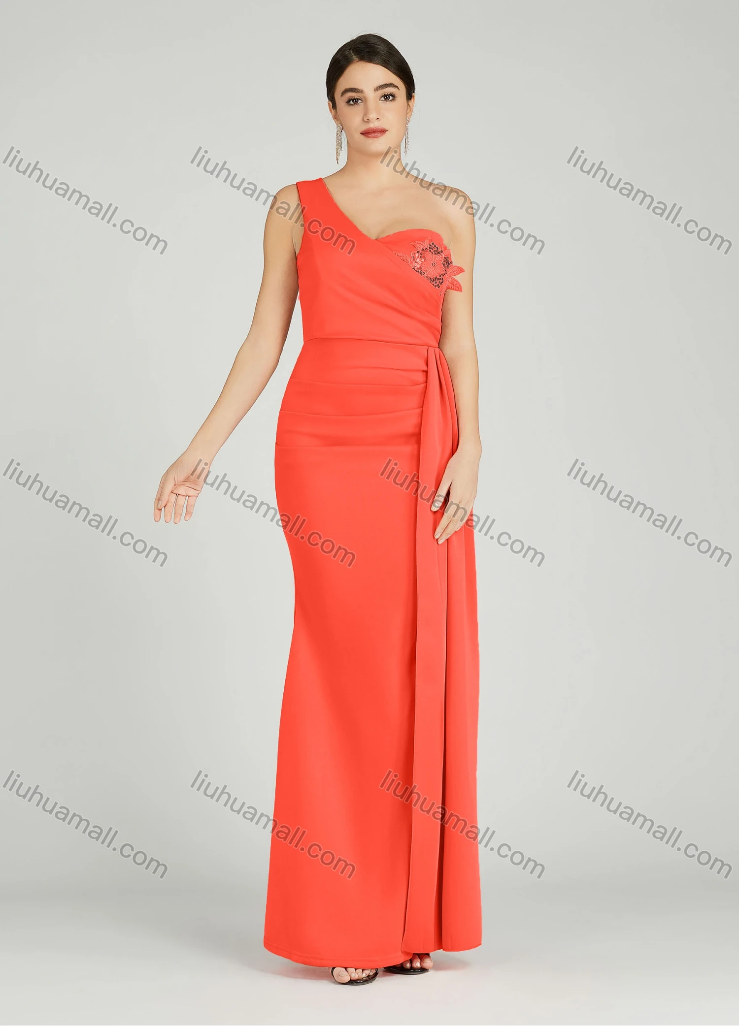 Wholesale Women's Elegant One Shoulder Sequin Applique Mermaid Evening Dress 5023# - Liuhuamall