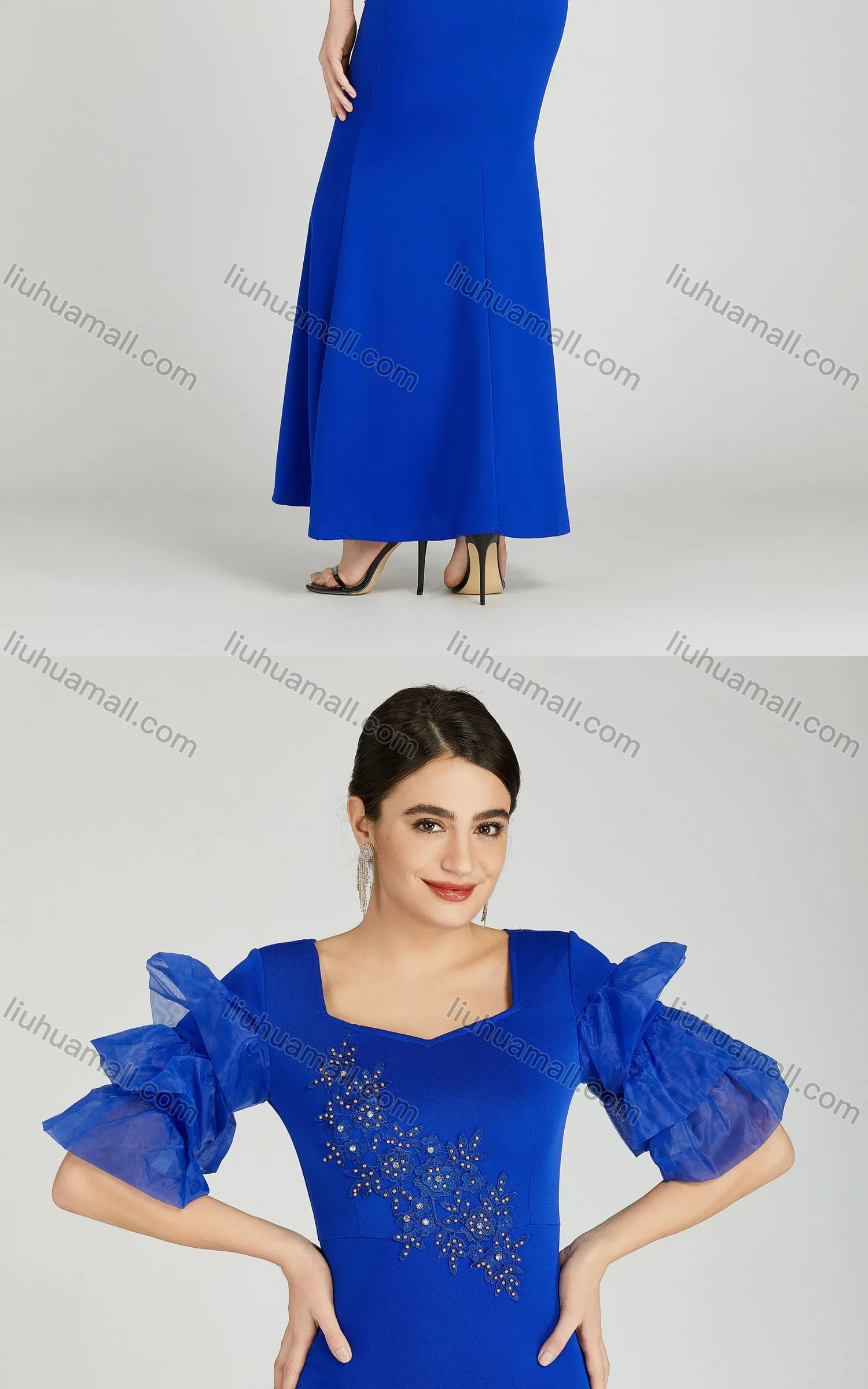 Wholesale Women's Elegant Layered Sleeve Pearl Decor Sequin Applique Mermaid Evening Dress 5025# - Liuhuamall