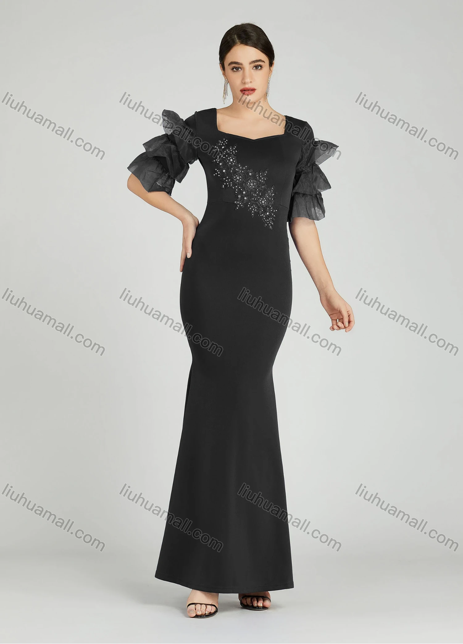 Wholesale Women's Elegant Layered Sleeve Pearl Decor Sequin Applique Mermaid Evening Dress 5025# - Liuhuamall