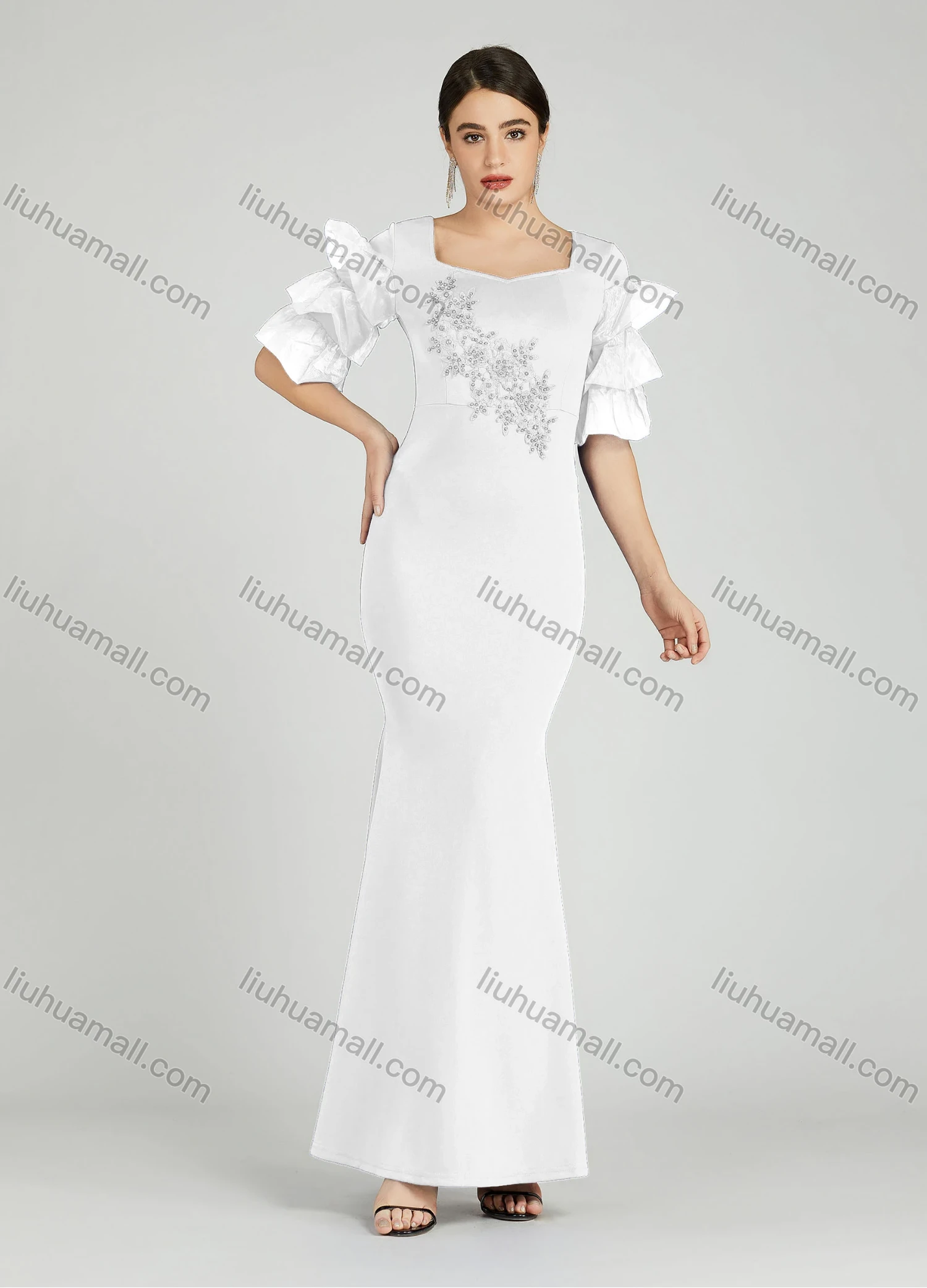 Wholesale Women's Elegant Layered Sleeve Pearl Decor Sequin Applique Mermaid Evening Dress 5025# - Liuhuamall