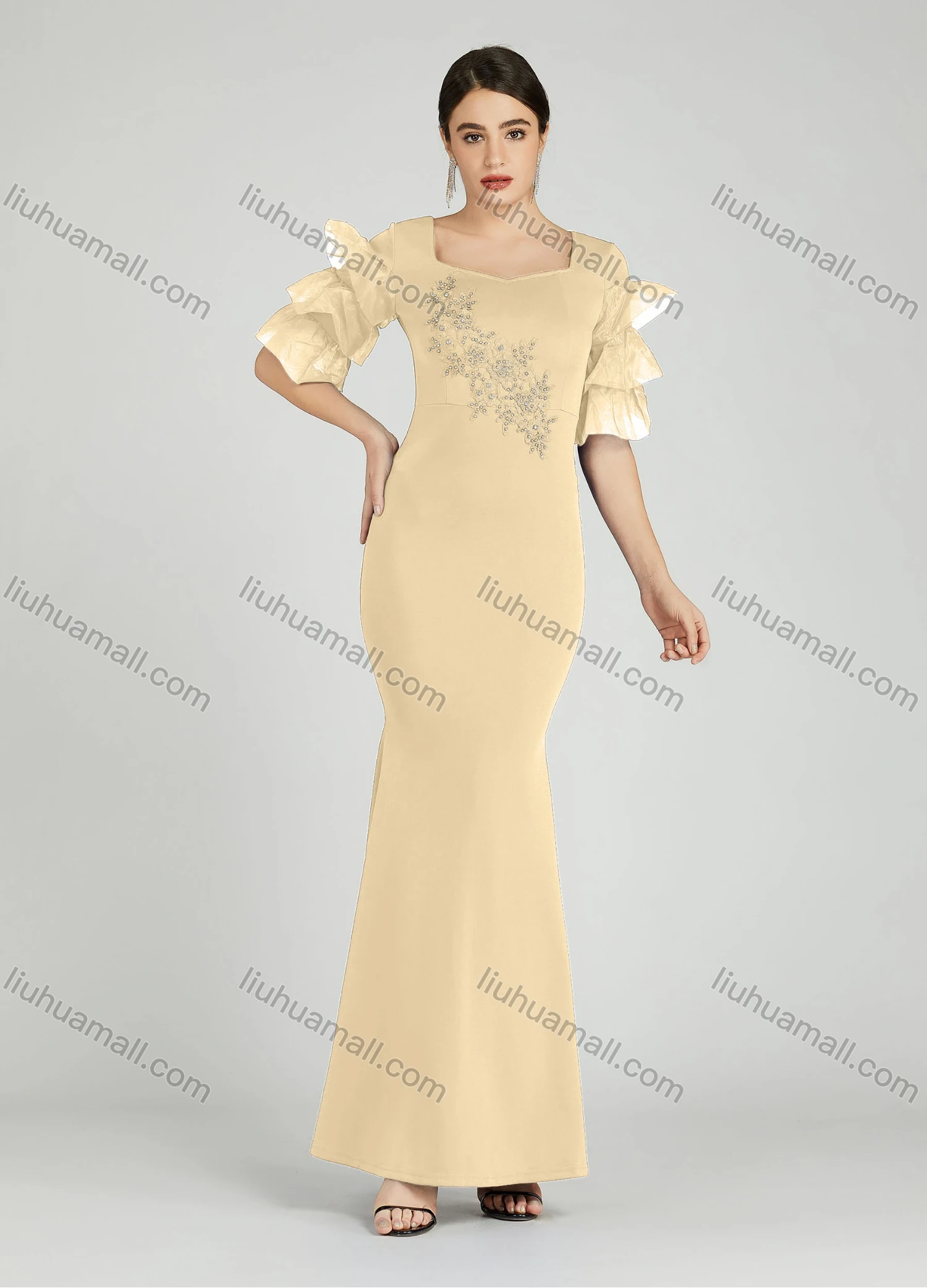 Wholesale Women's Elegant Layered Sleeve Pearl Decor Sequin Applique Mermaid Evening Dress 5025# - Liuhuamall