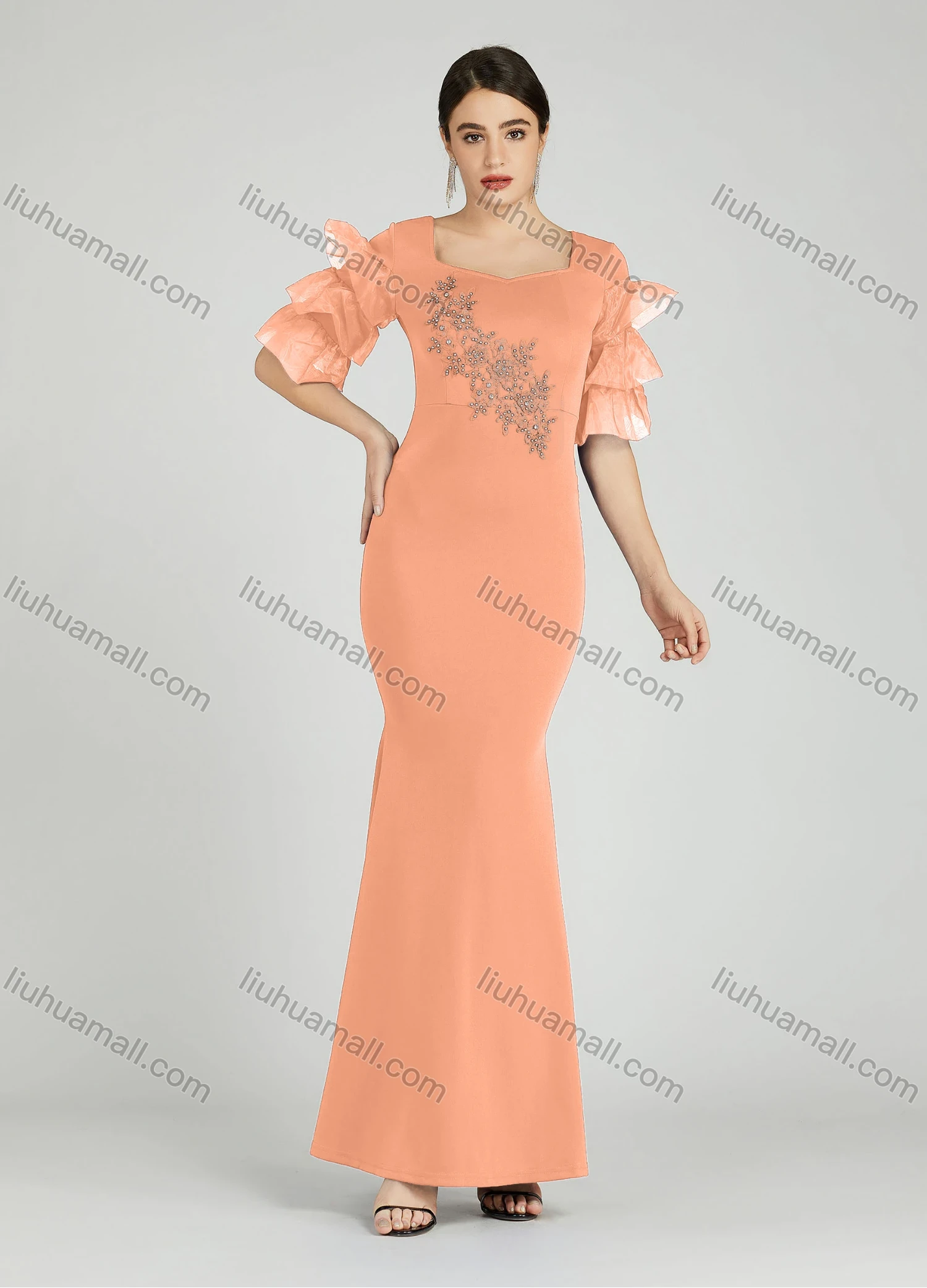 Wholesale Women's Elegant Layered Sleeve Pearl Decor Sequin Applique Mermaid Evening Dress 5025# - Liuhuamall