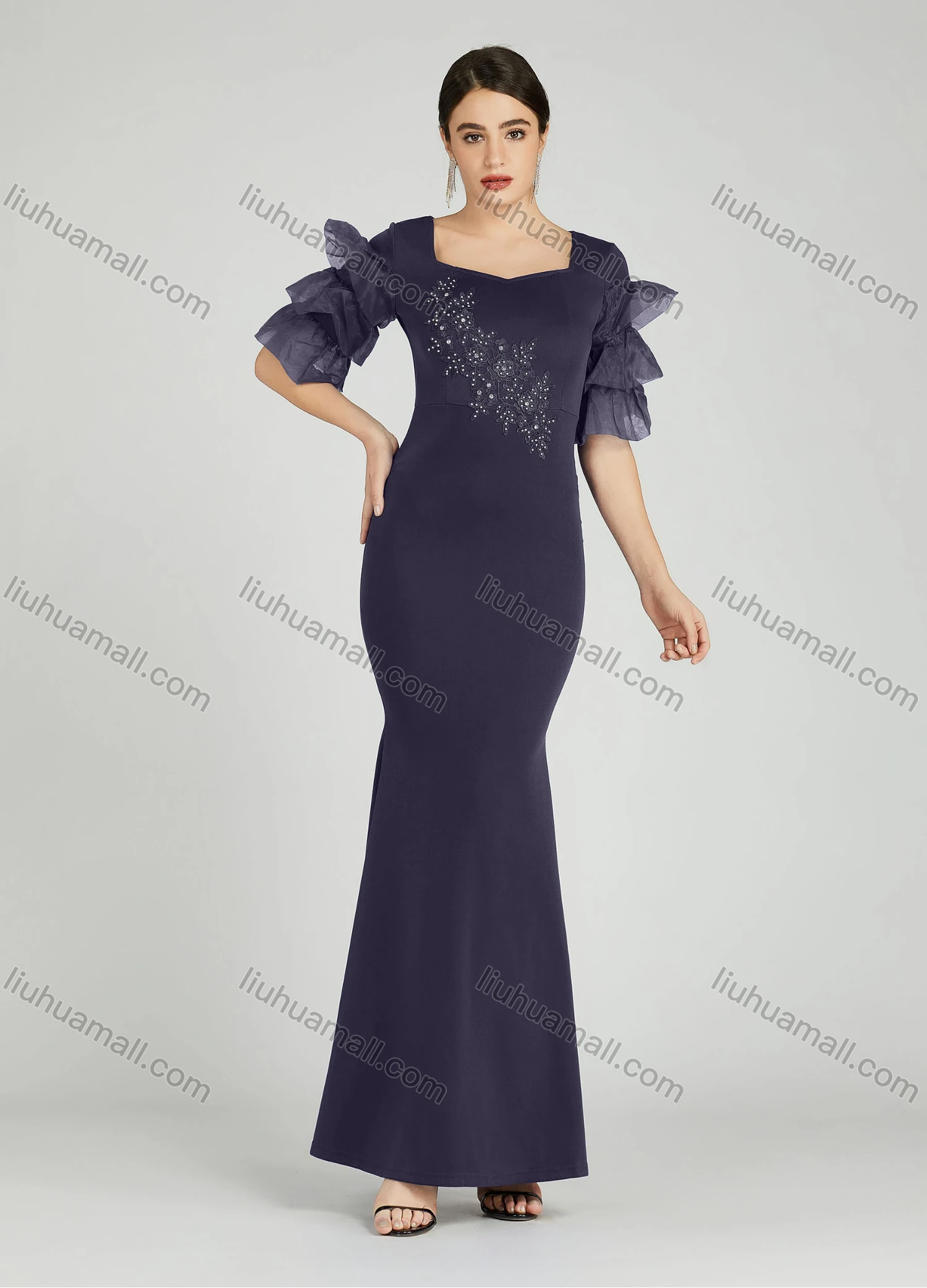 Wholesale Women's Elegant Layered Sleeve Pearl Decor Sequin Applique Mermaid Evening Dress 5025# - Liuhuamall