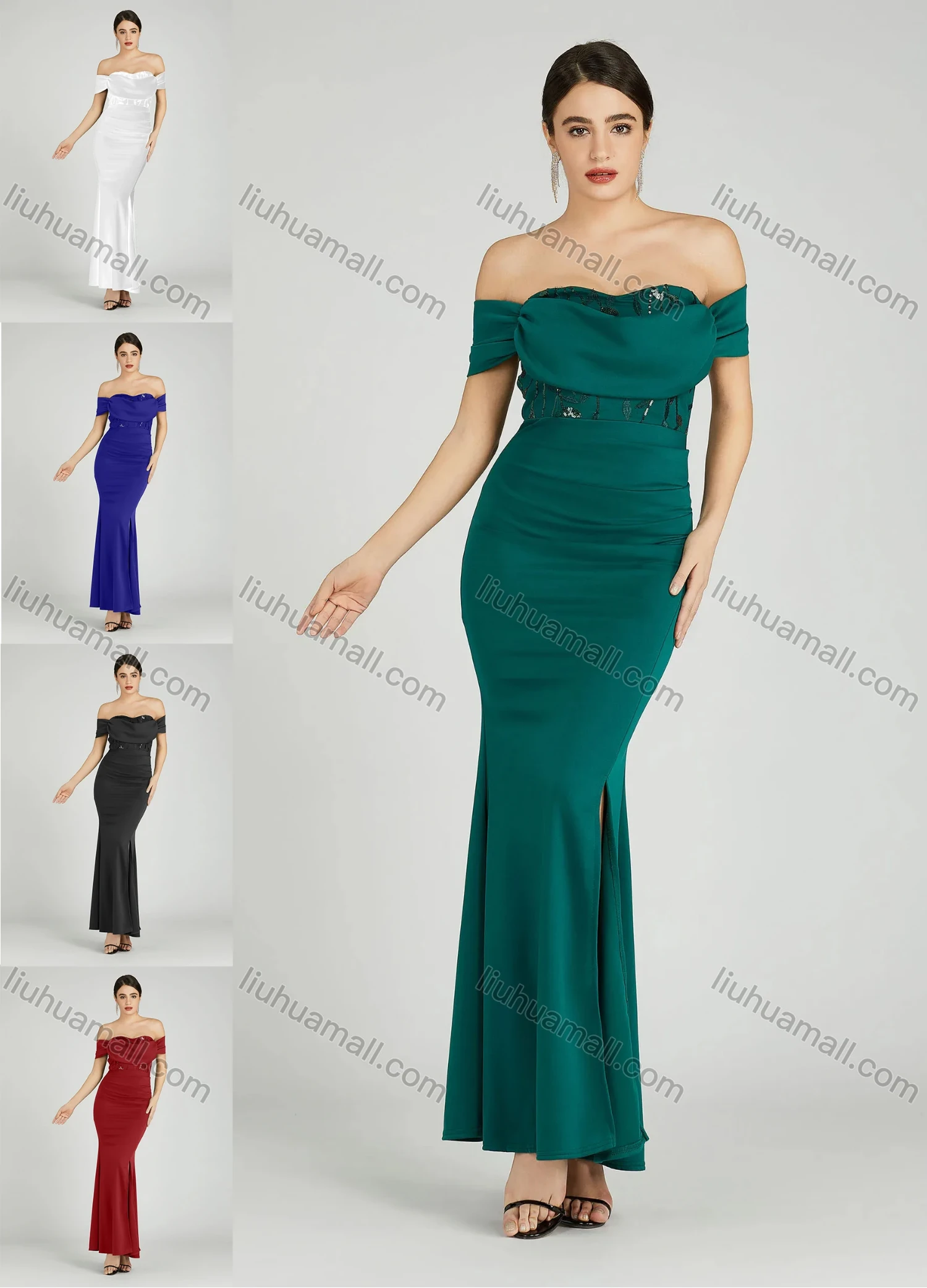 Wholesale Women's Elegant Off Shoulder Cap Sleeve Sequin Applique Mermaid Evening Dress 5045# - Liuhuamall