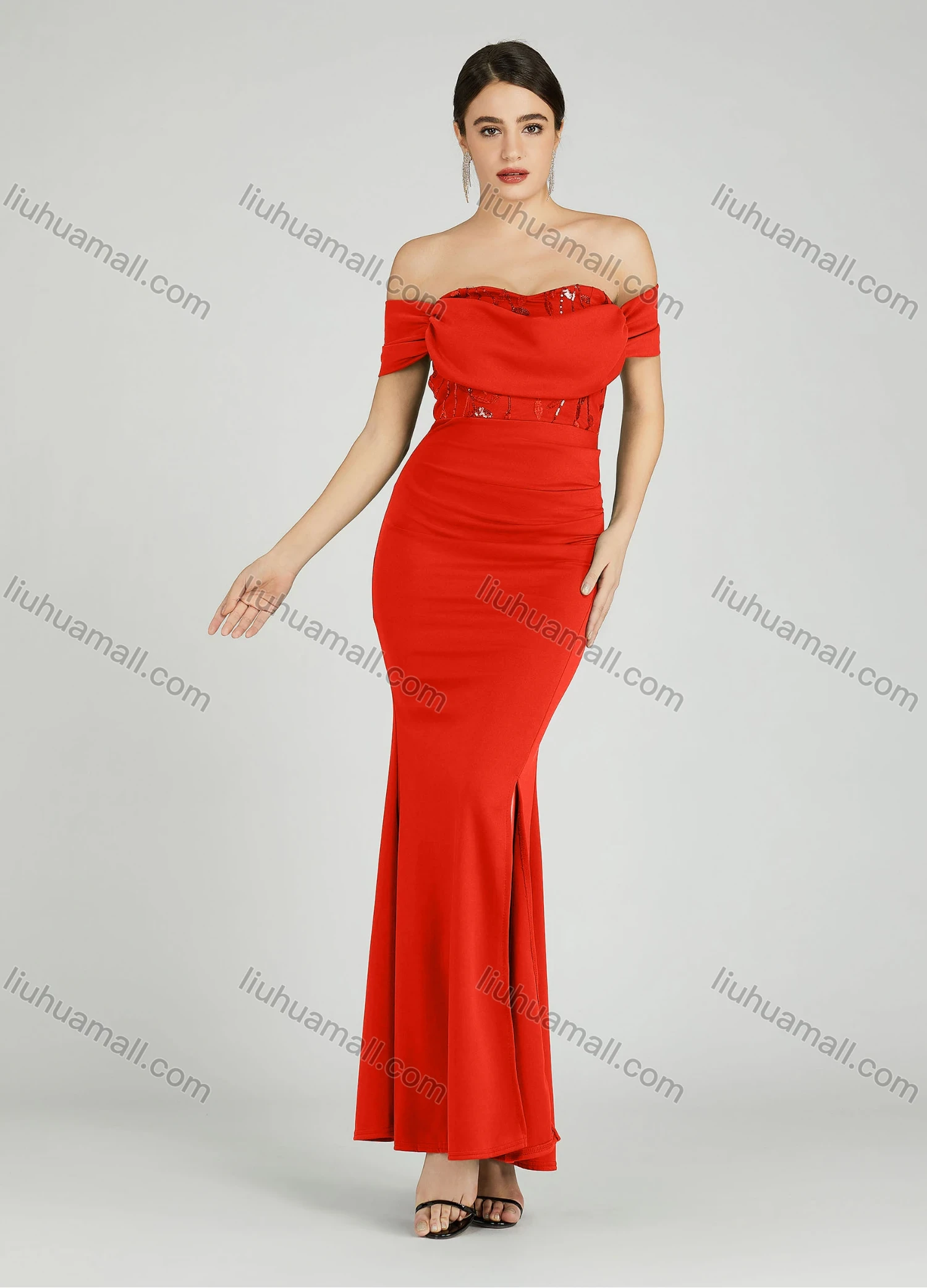 Wholesale Women's Elegant Off Shoulder Cap Sleeve Sequin Applique Mermaid Evening Dress 5045# - Liuhuamall