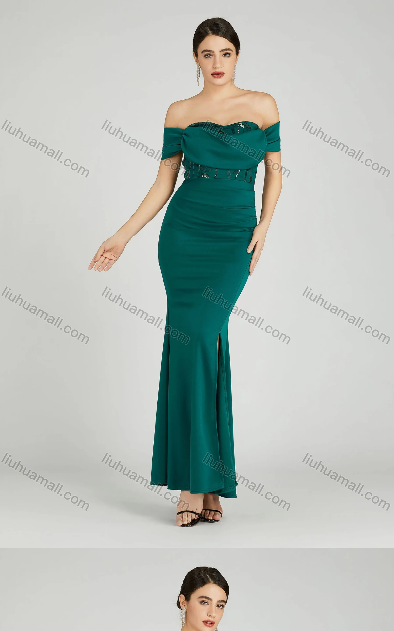 Wholesale Women's Elegant Off Shoulder Cap Sleeve Sequin Applique Mermaid Evening Dress 5045# - Liuhuamall