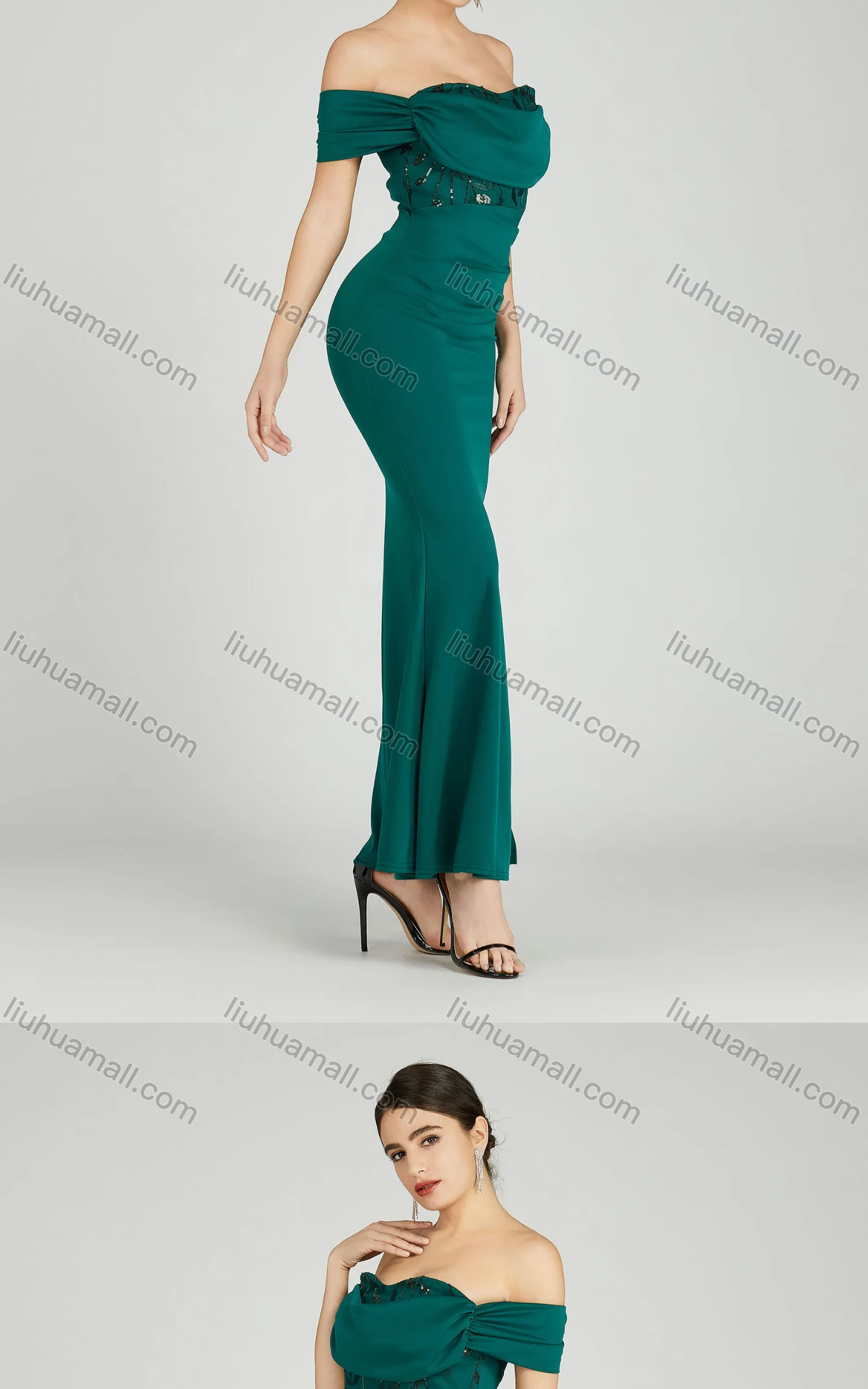 Wholesale Women's Elegant Off Shoulder Cap Sleeve Sequin Applique Mermaid Evening Dress 5045# - Liuhuamall