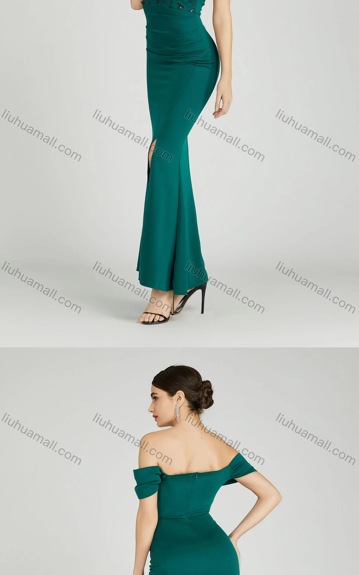 Wholesale Women's Elegant Off Shoulder Cap Sleeve Sequin Applique Mermaid Evening Dress 5045# - Liuhuamall