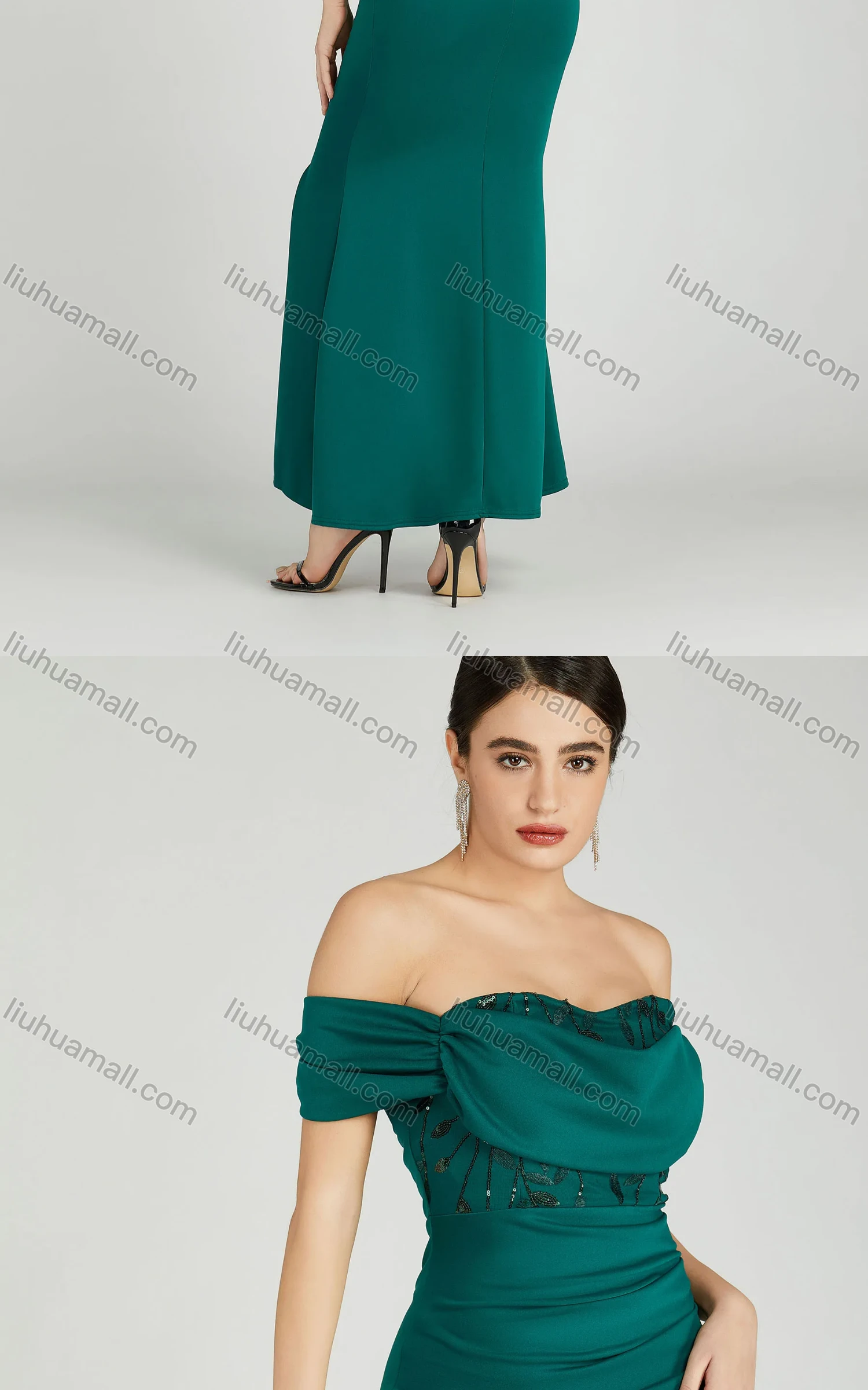 Wholesale Women's Elegant Off Shoulder Cap Sleeve Sequin Applique Mermaid Evening Dress 5045# - Liuhuamall